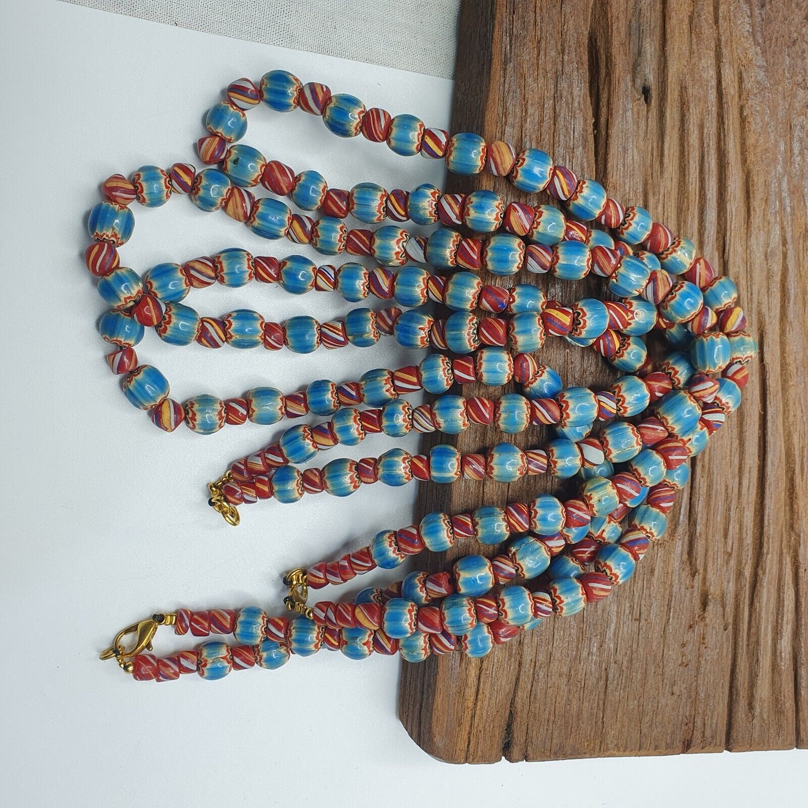 Vintage BLUE Chevron Beads Venetian African Style Beads Long Strand Necklace
