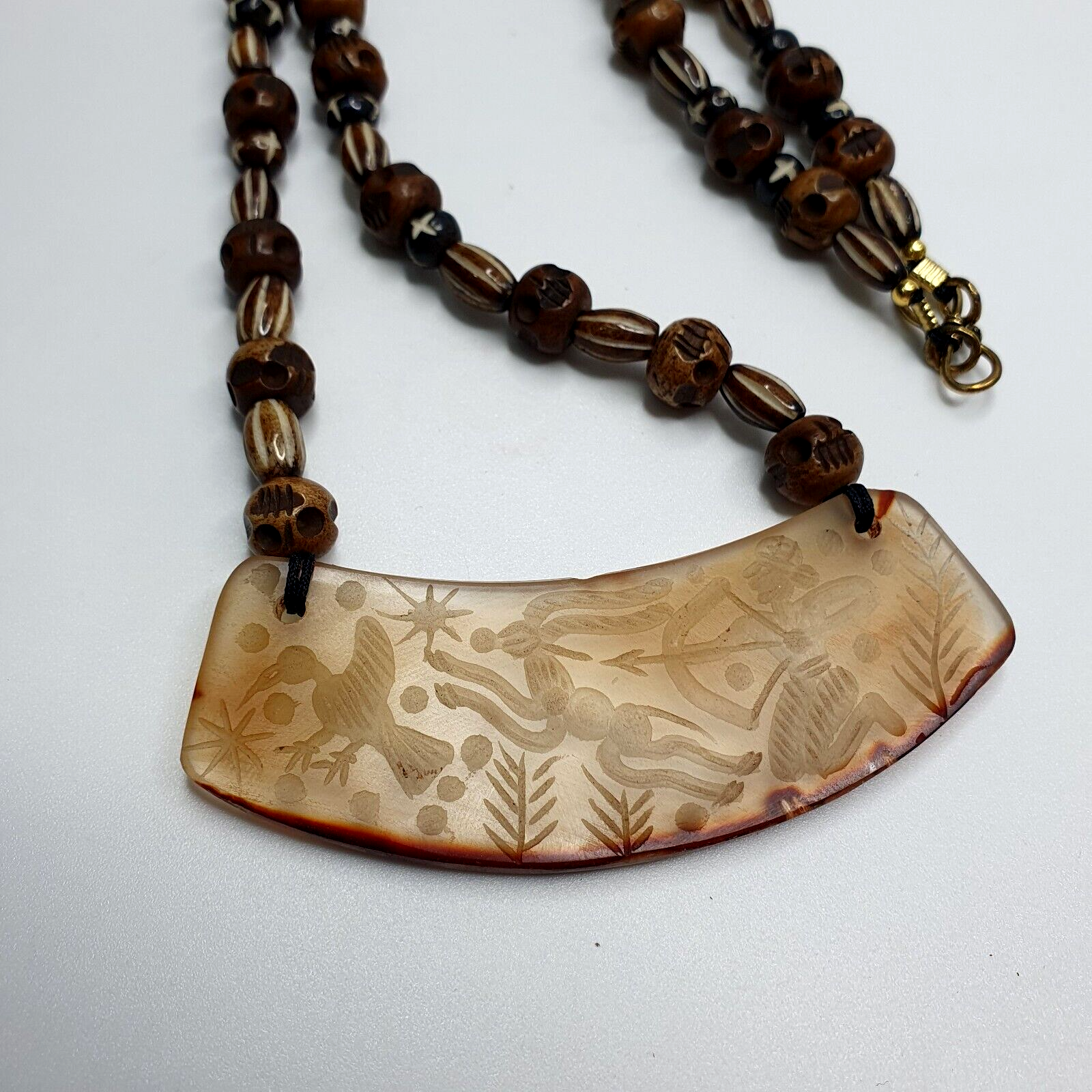 Antique Vintage Himalayan Carving Agate Pendant Yak Bone Beads