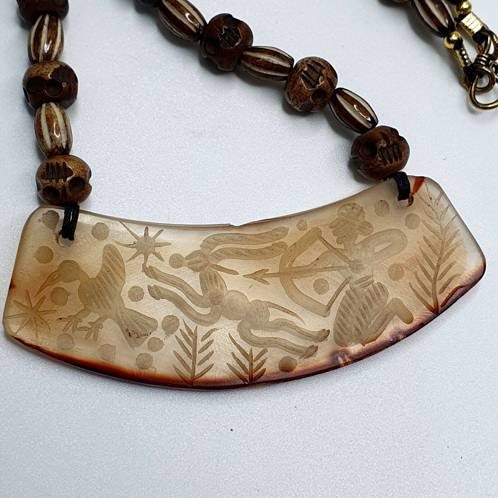 Antique Vintage Himalayan Carving Agate Pendant Yak Bone Beads