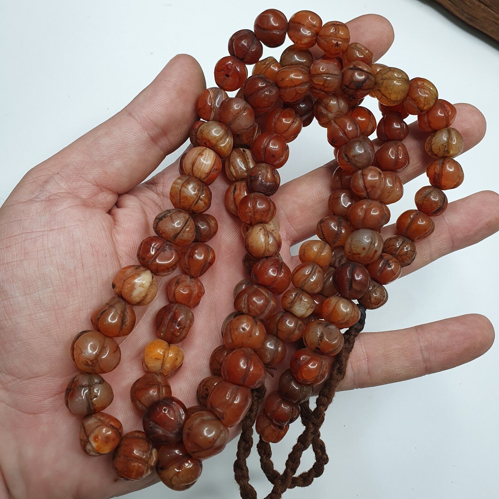 2 Vintage Himalayan Tibetan Carnelian Agate Melon Shape Beads Necklaces #12