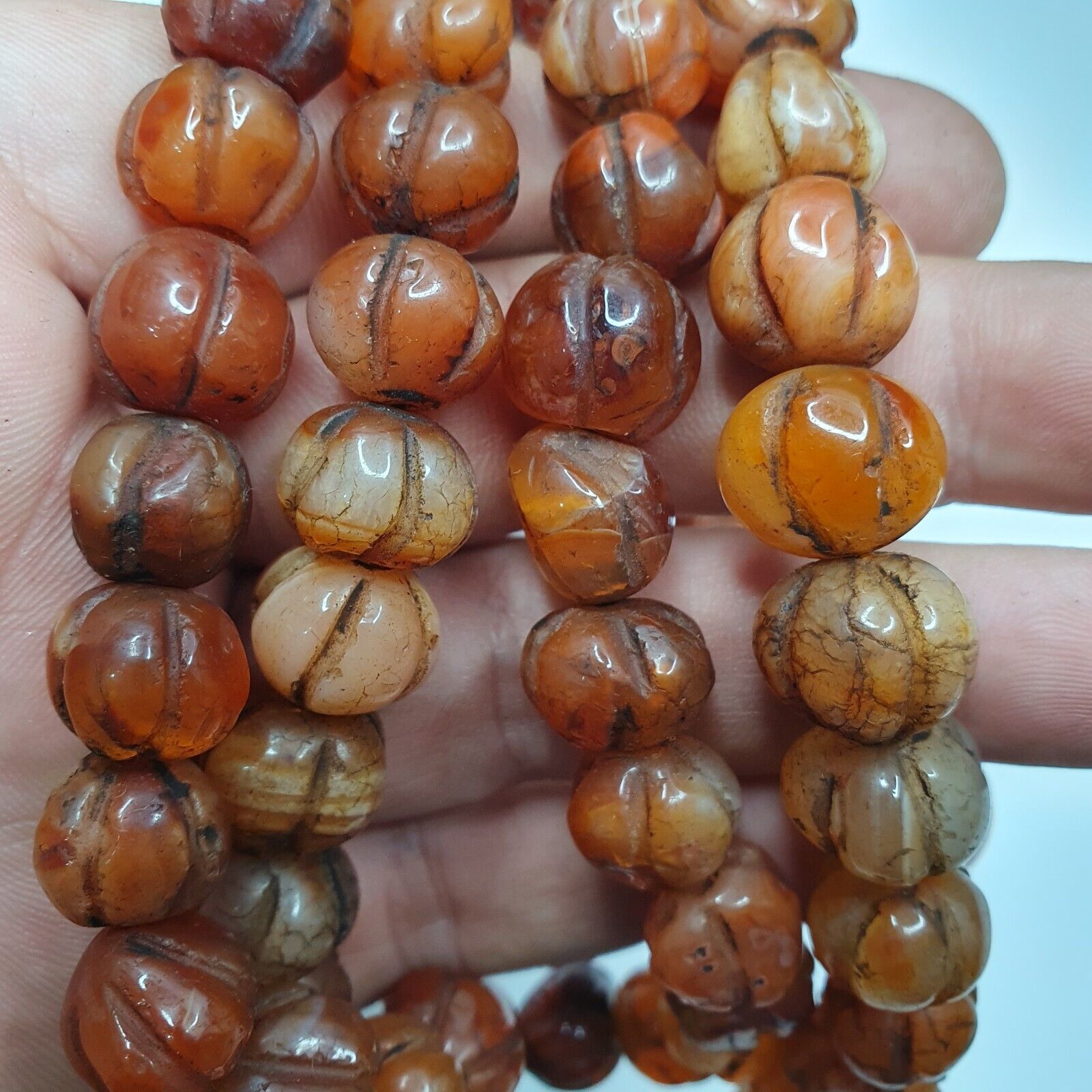 2 Vintage Himalayan Tibetan Carnelian Agate Melon Shape Beads Necklaces #12
