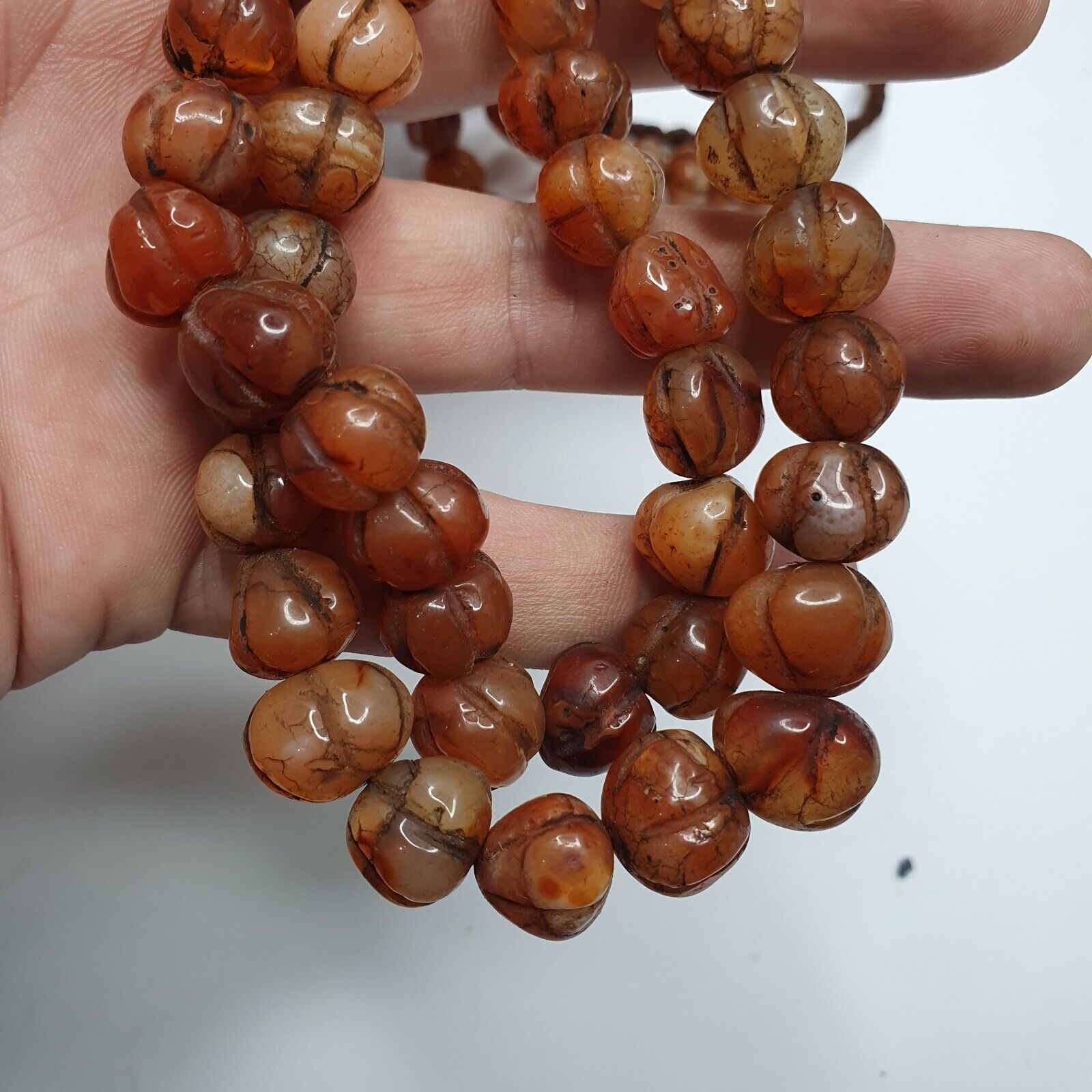 2 Vintage Himalayan Tibetan Carnelian Agate Melon Shape Beads Necklaces #12