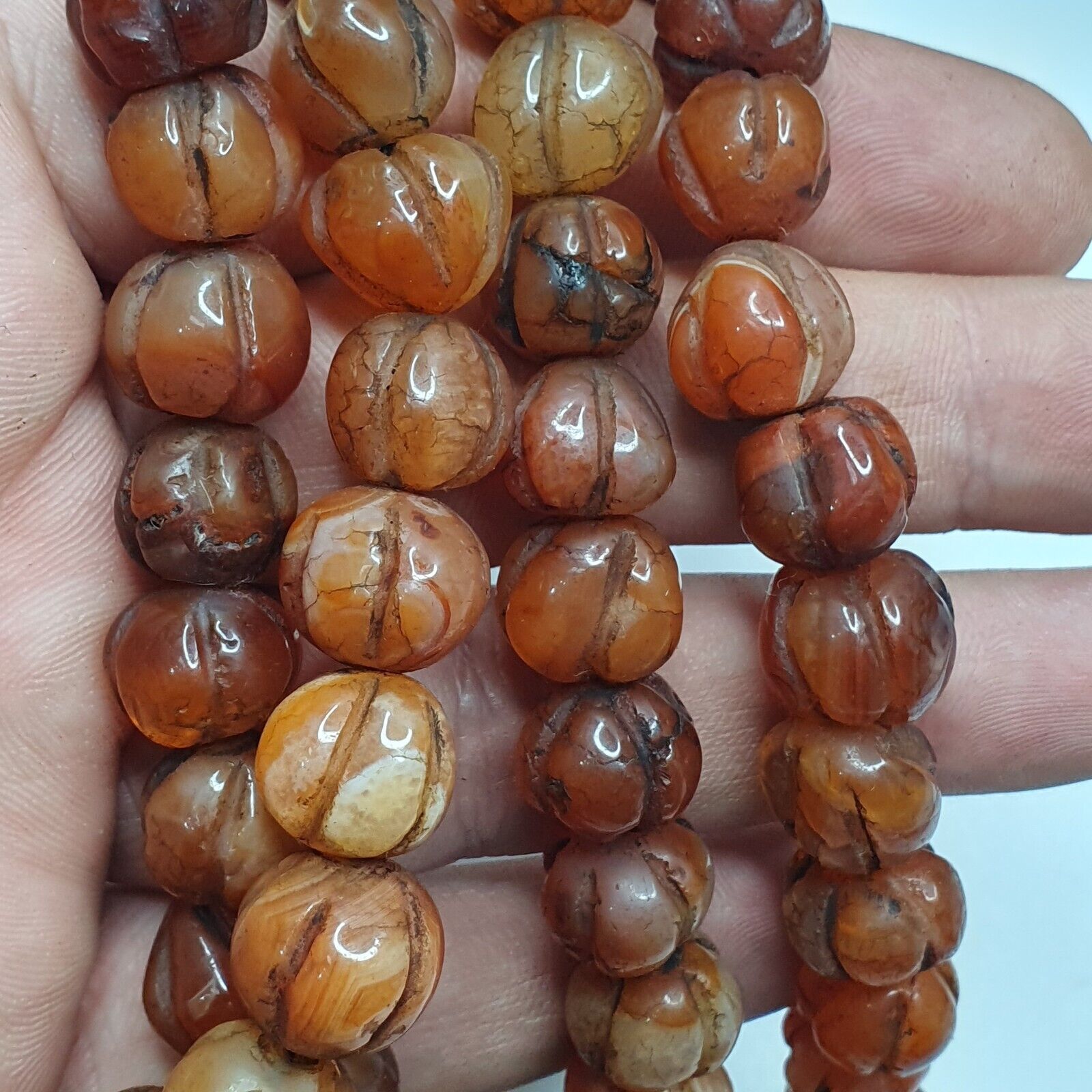 2 Vintage Himalayan Tibetan Carnelian Agate Melon Shape Beads Necklaces #12
