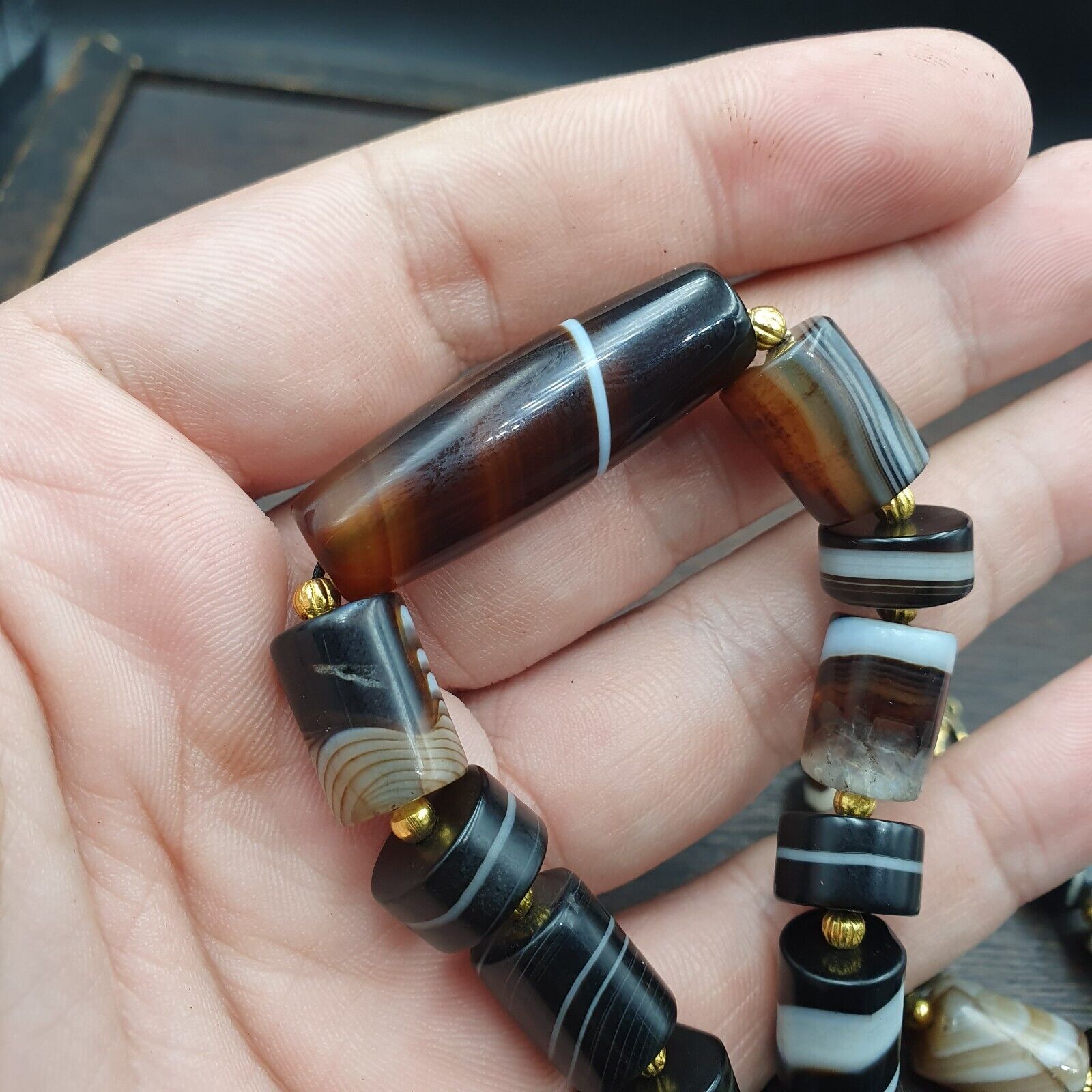 Antique Yemeni Agate Natural Rare pattern Banded Agate Bead Necklace