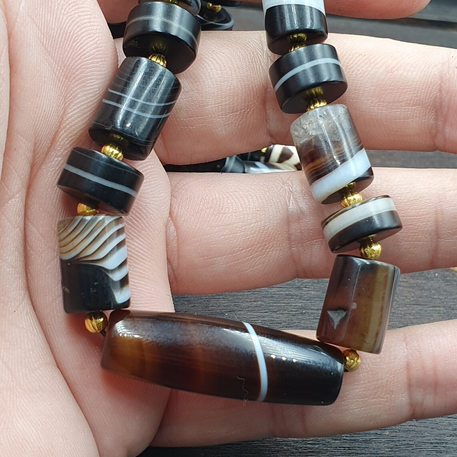 Antique Yemeni Agate Natural Rare pattern Banded Agate Bead Necklace