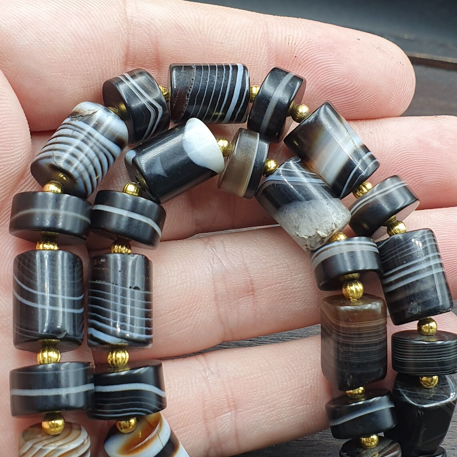 Antique Yemeni Agate Natural Rare pattern Banded Agate Bead Necklace