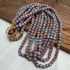Vintage Venetian Style  African Blue Red Glass Chevron Beads Long Strand