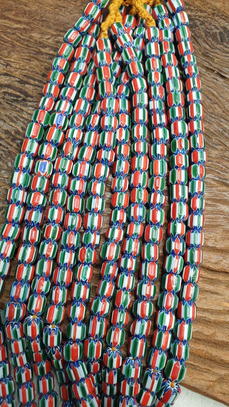 Vintage Venetian Style  African Blue Red Glass Chevron Beads Long Strand