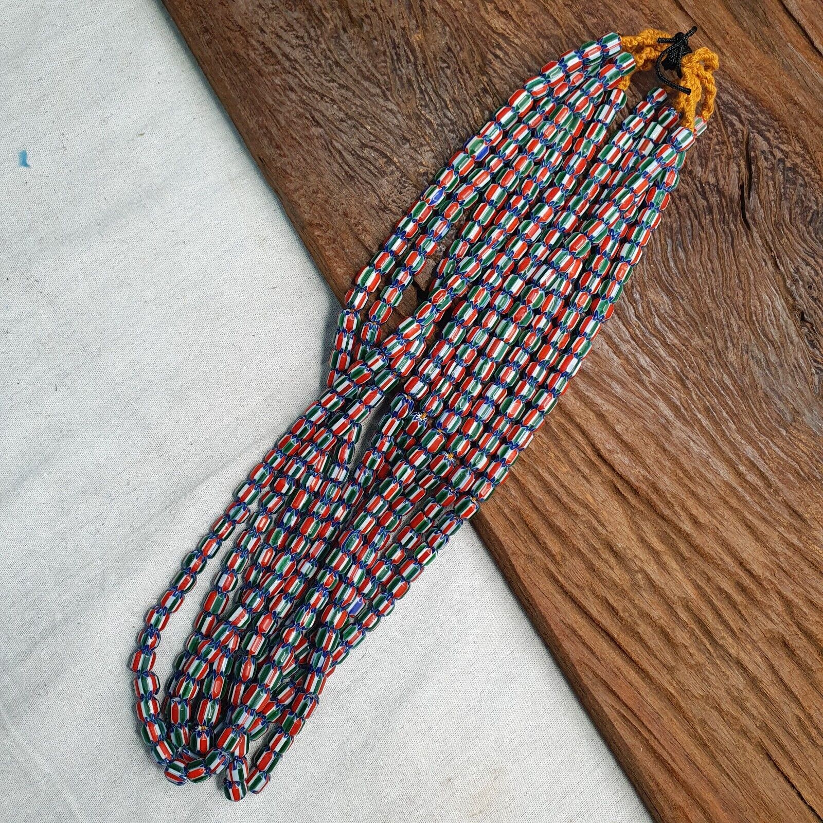 Vintage Venetian Style  African Blue Red Glass Chevron Beads Long Strand