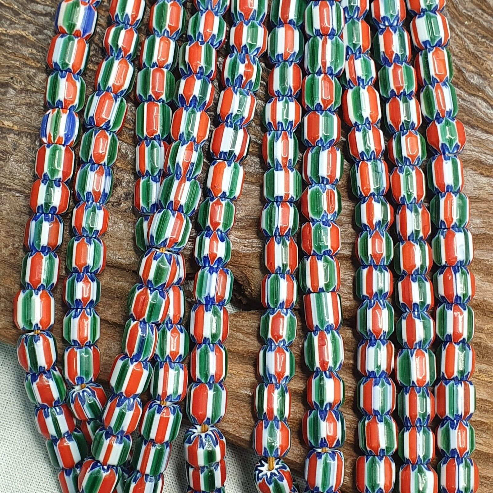 Vintage Venetian Style  African Blue Red Glass Chevron Beads Long Strand