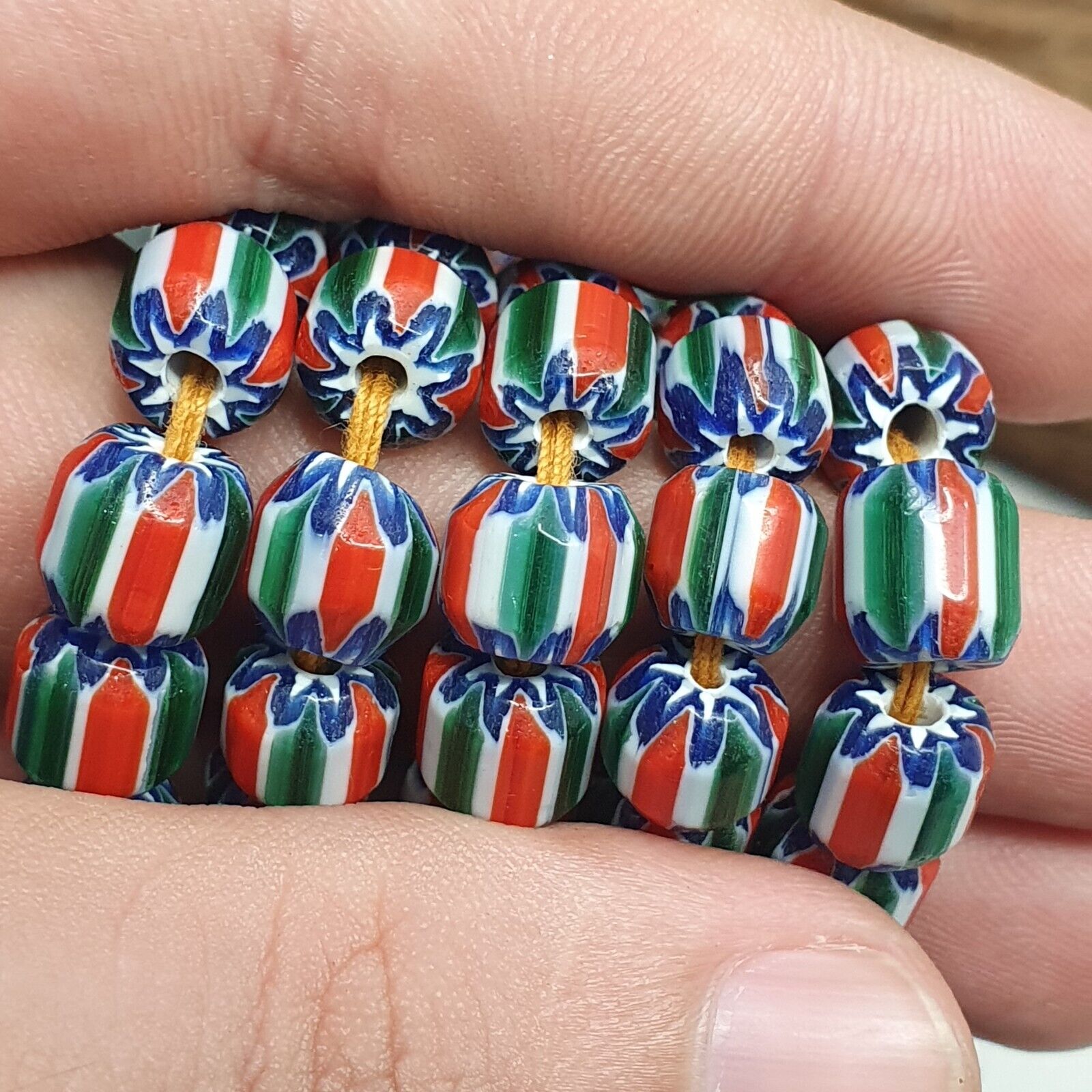 Vintage Venetian Style  African Blue Red Glass Chevron Beads Long Strand