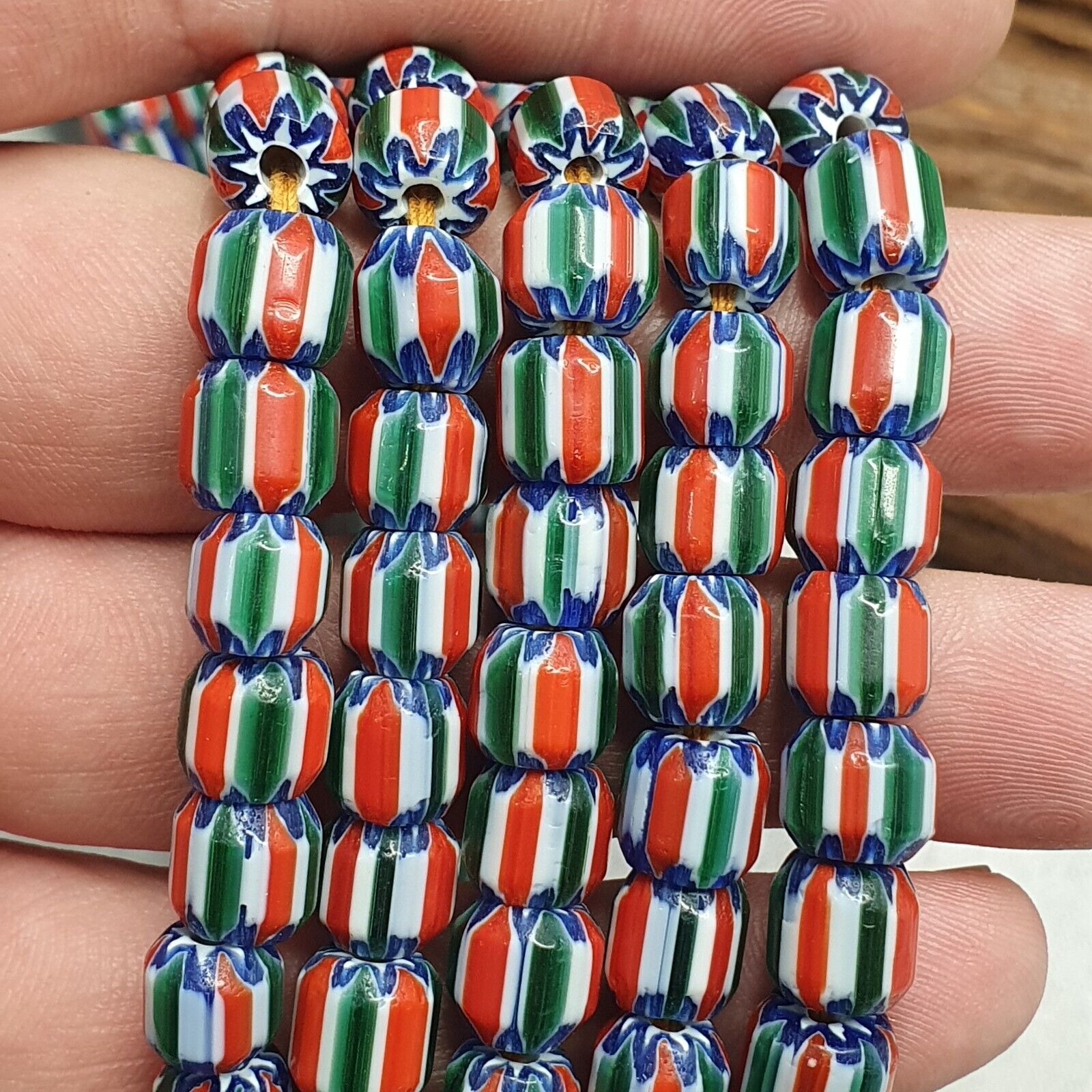 Vintage Venetian Style  African Blue Red Glass Chevron Beads Long Strand