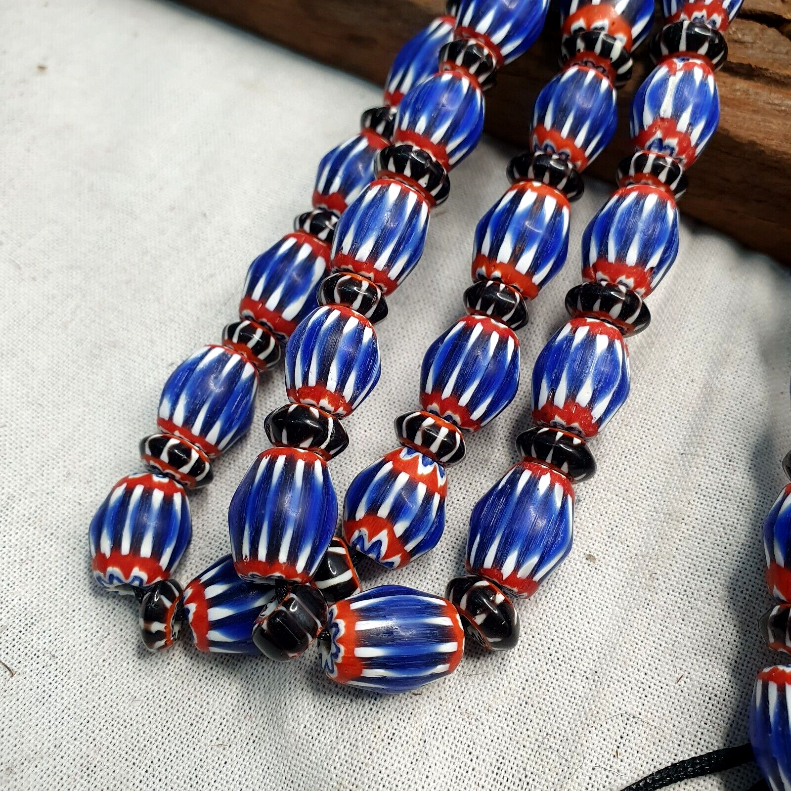 Vintage BLUE Chevron Beads Venetian African Beads Long Strand