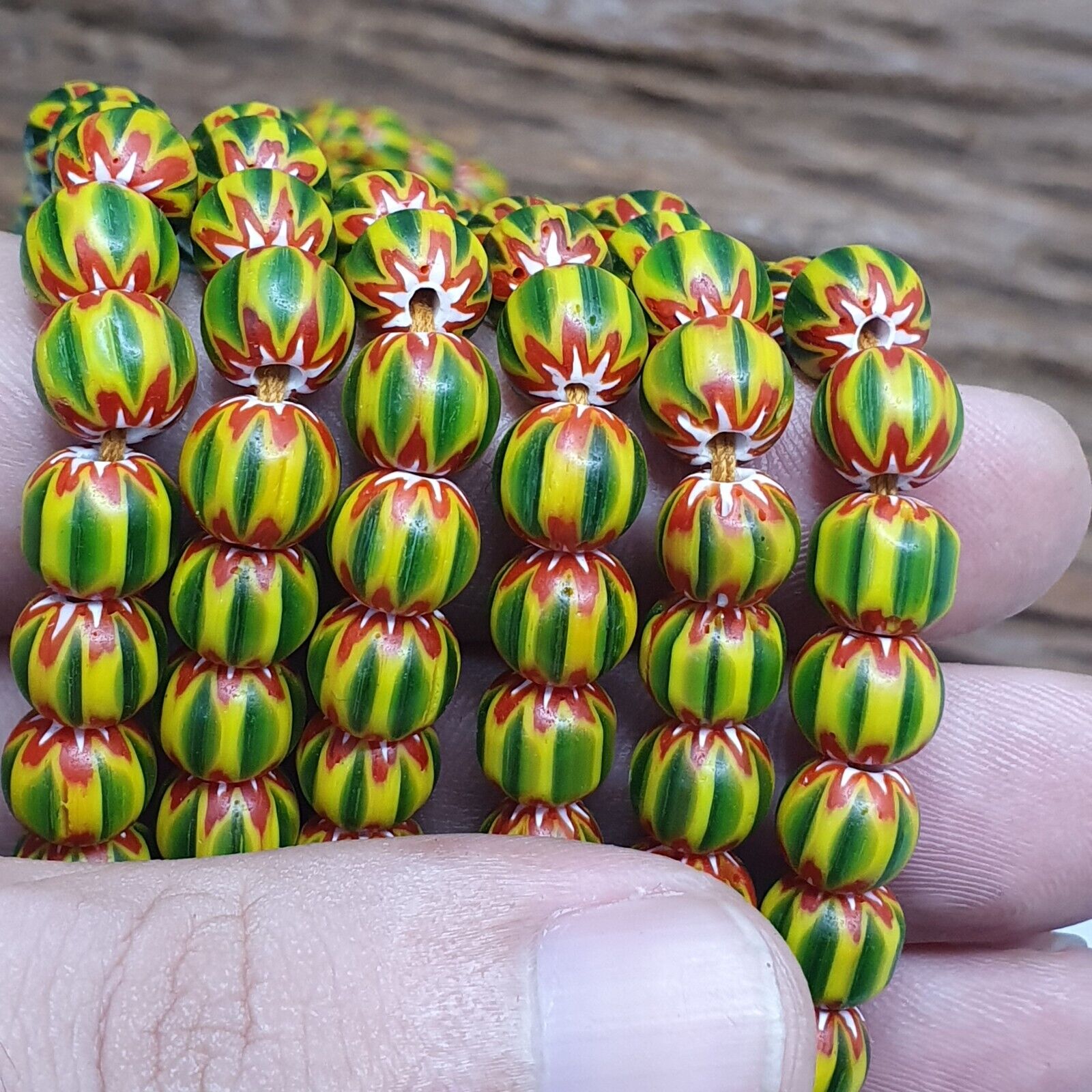 Vintage Green Yellow Chevron Beads Venetian African style Beads 8mm