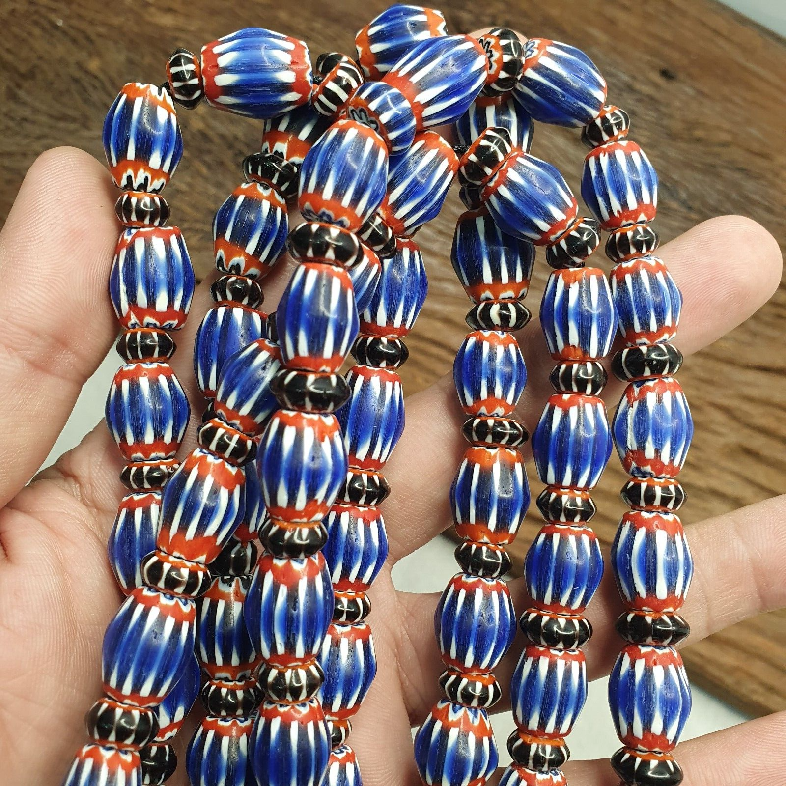Vintage BLUE Chevron Beads Venetian African Beads Long Strand