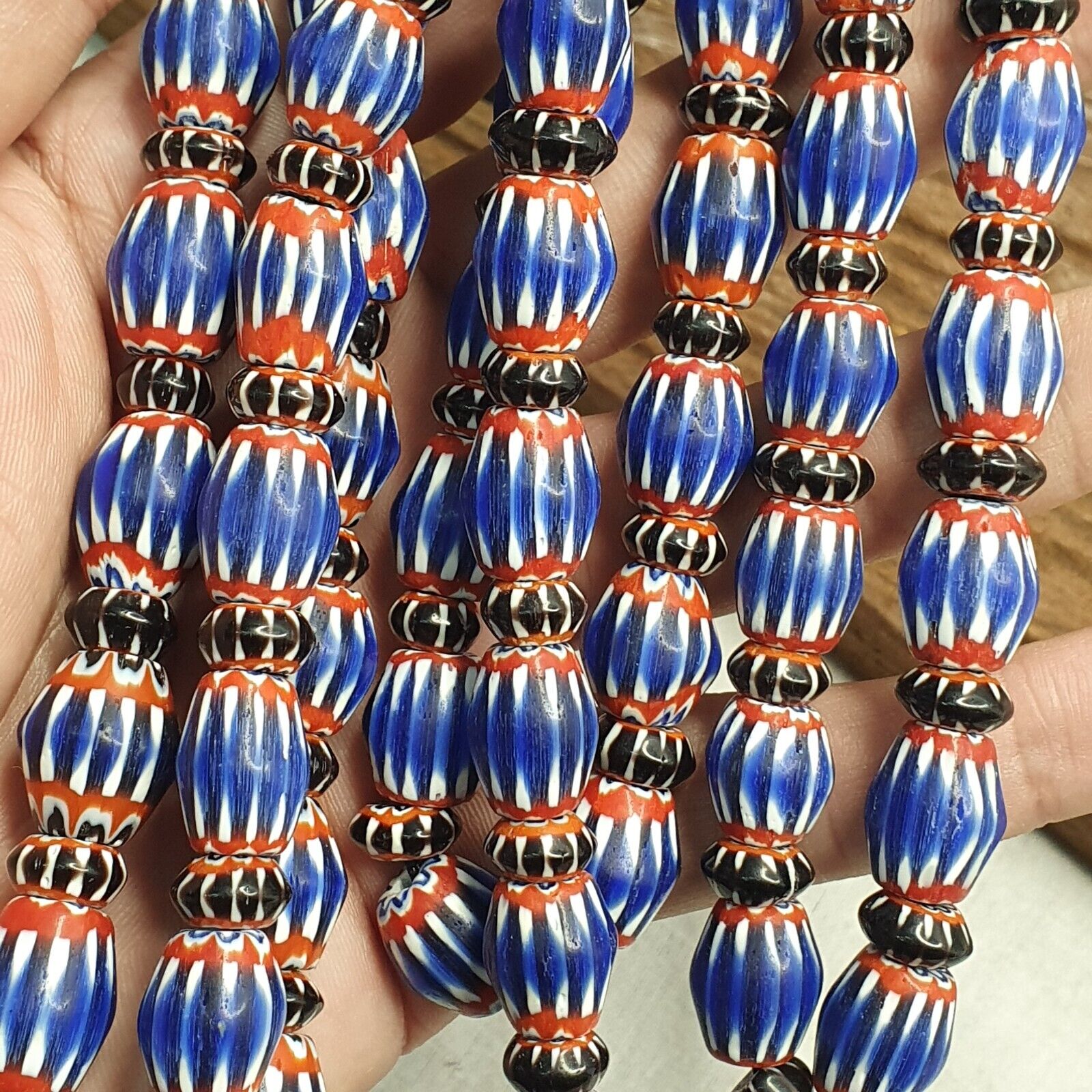 Vintage BLUE Chevron Beads Venetian African Beads Long Strand