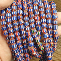 Vintage BLUE Chevron Beads Venetian African Inspired 7.5-8mm Beads Long Strand