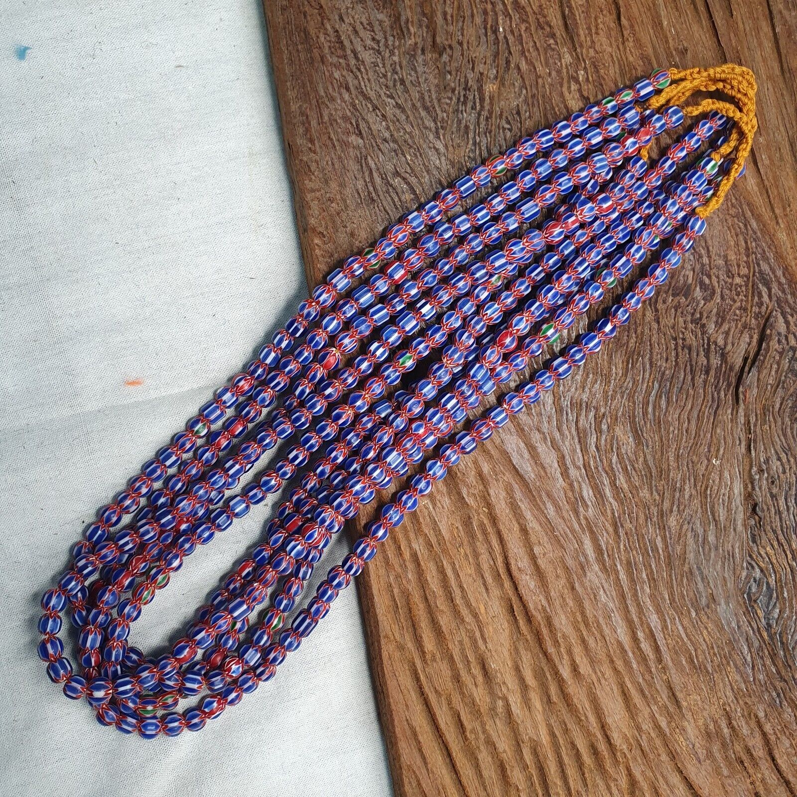 Vintage BLUE Chevron Beads Venetian African Inspired 7.5-8mm Beads Long Strand