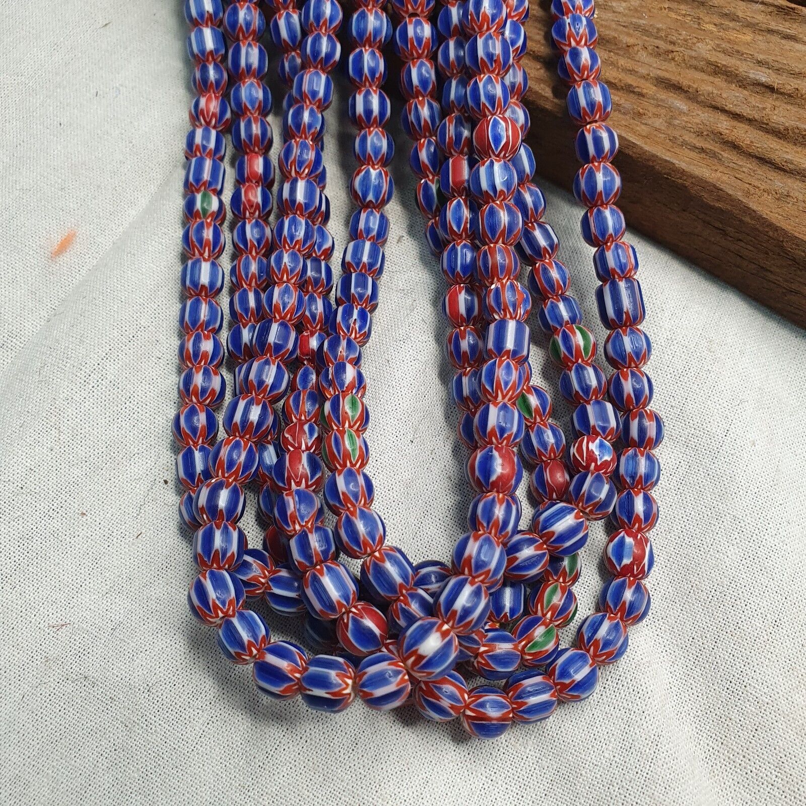Vintage BLUE Chevron Beads Venetian African Inspired 7.5-8mm Beads Long Strand