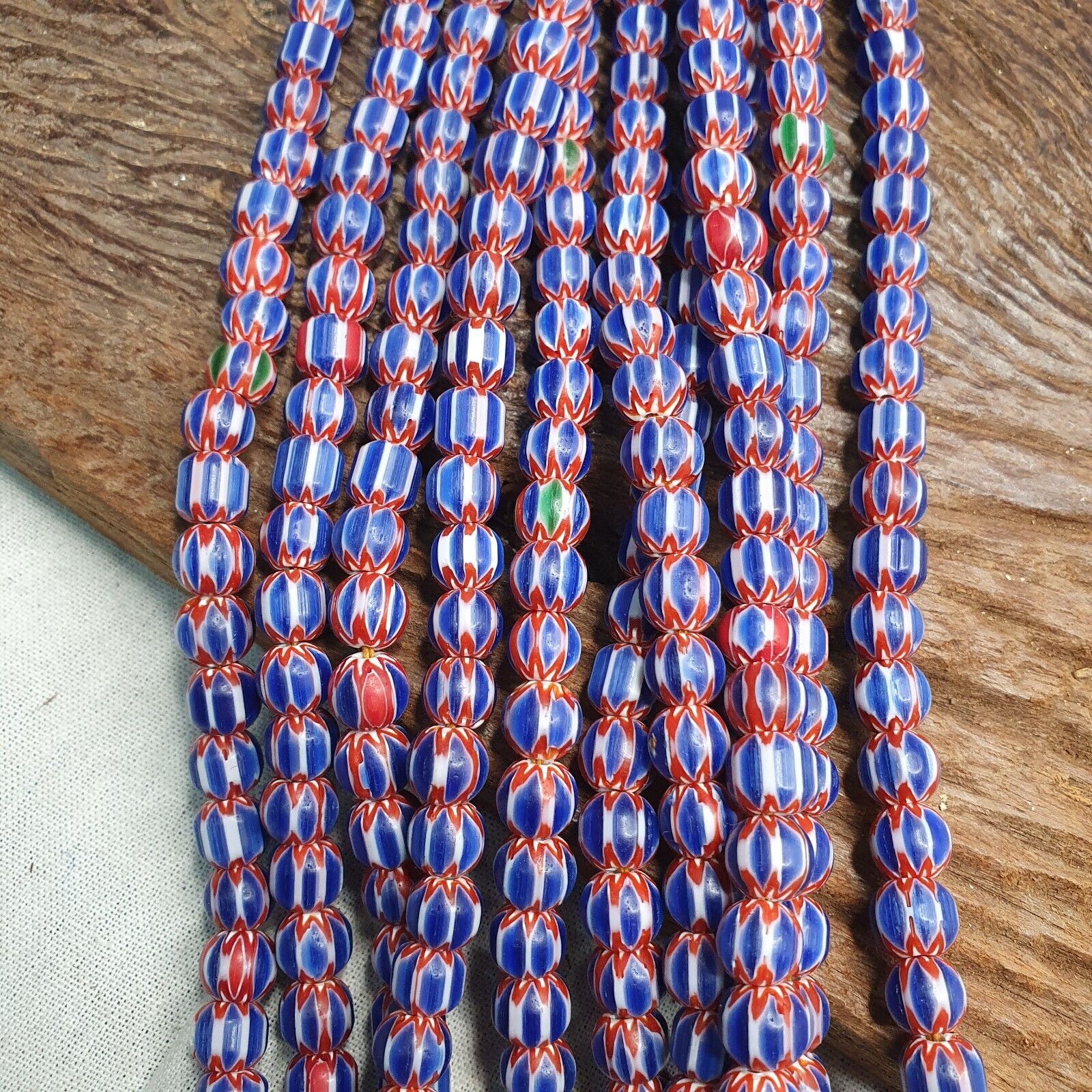 Vintage BLUE Chevron Beads Venetian African Inspired 7.5-8mm Beads Long Strand