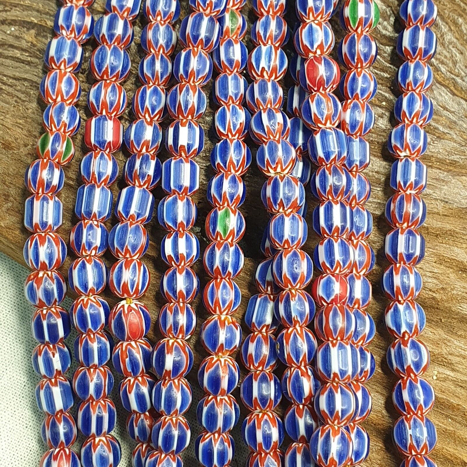 Vintage BLUE Chevron Beads Venetian African Inspired 7.5-8mm Beads Long Strand
