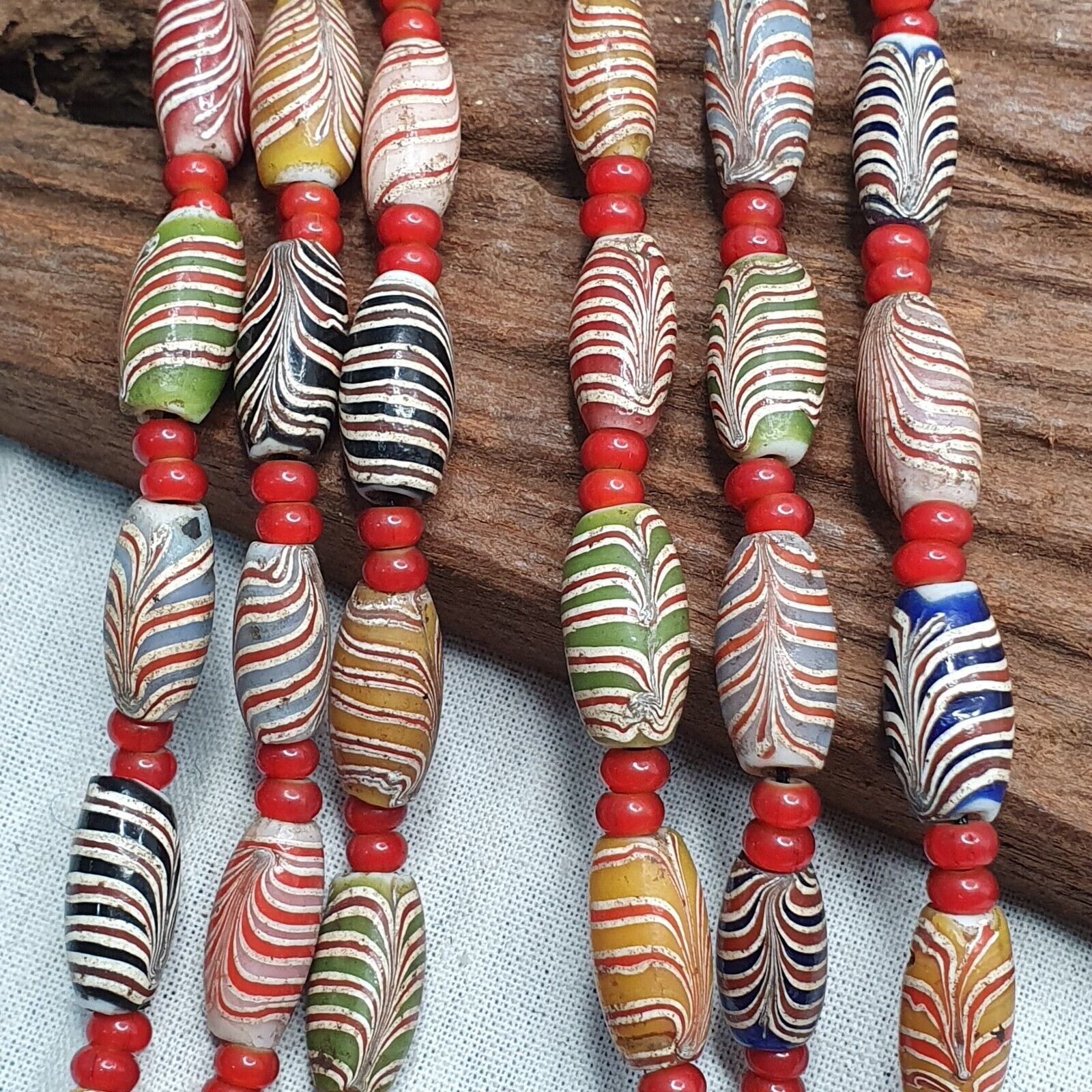 Vintage Fancy Feather and venetian 6mm Whiteheart Beads 18x9.5MM- 24" Necklace