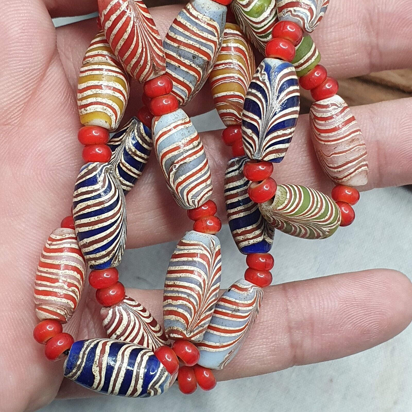 Vintage Fancy Feather and venetian 6mm Whiteheart Beads 18x9.5MM- 24" Necklace