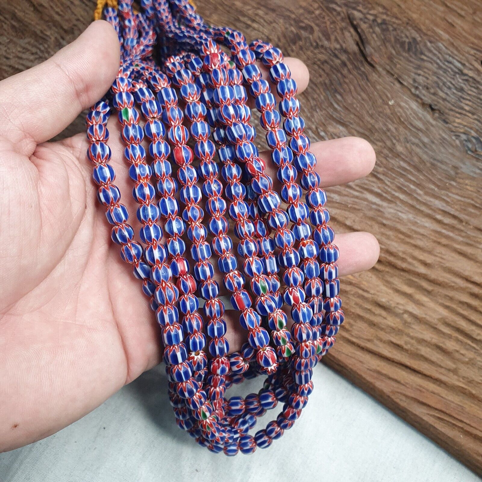 Vintage BLUE Chevron Beads Venetian African Inspired 7.5-8mm Beads Long Strand