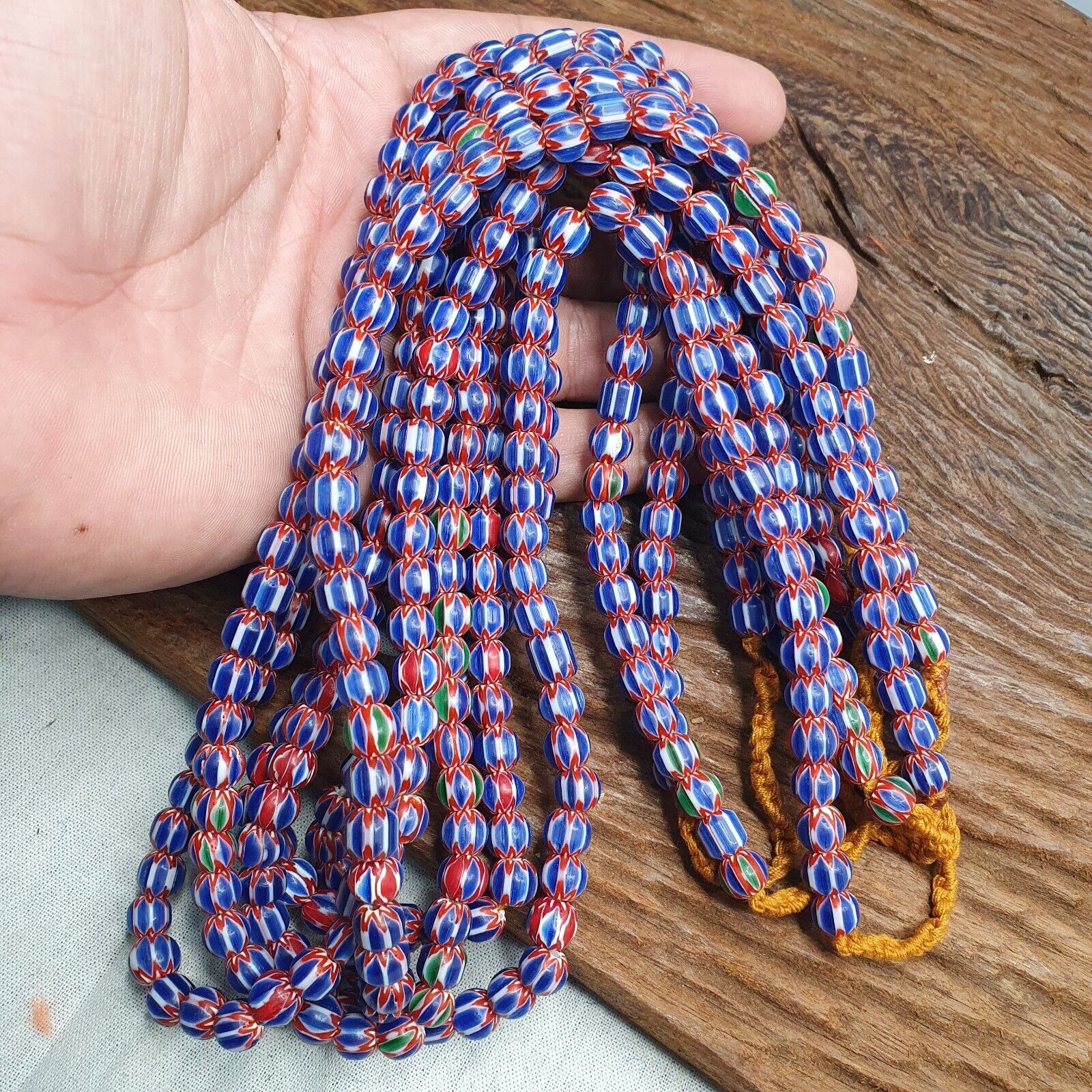 Vintage BLUE Chevron Beads Venetian African Inspired 7.5-8mm Beads Long Strand