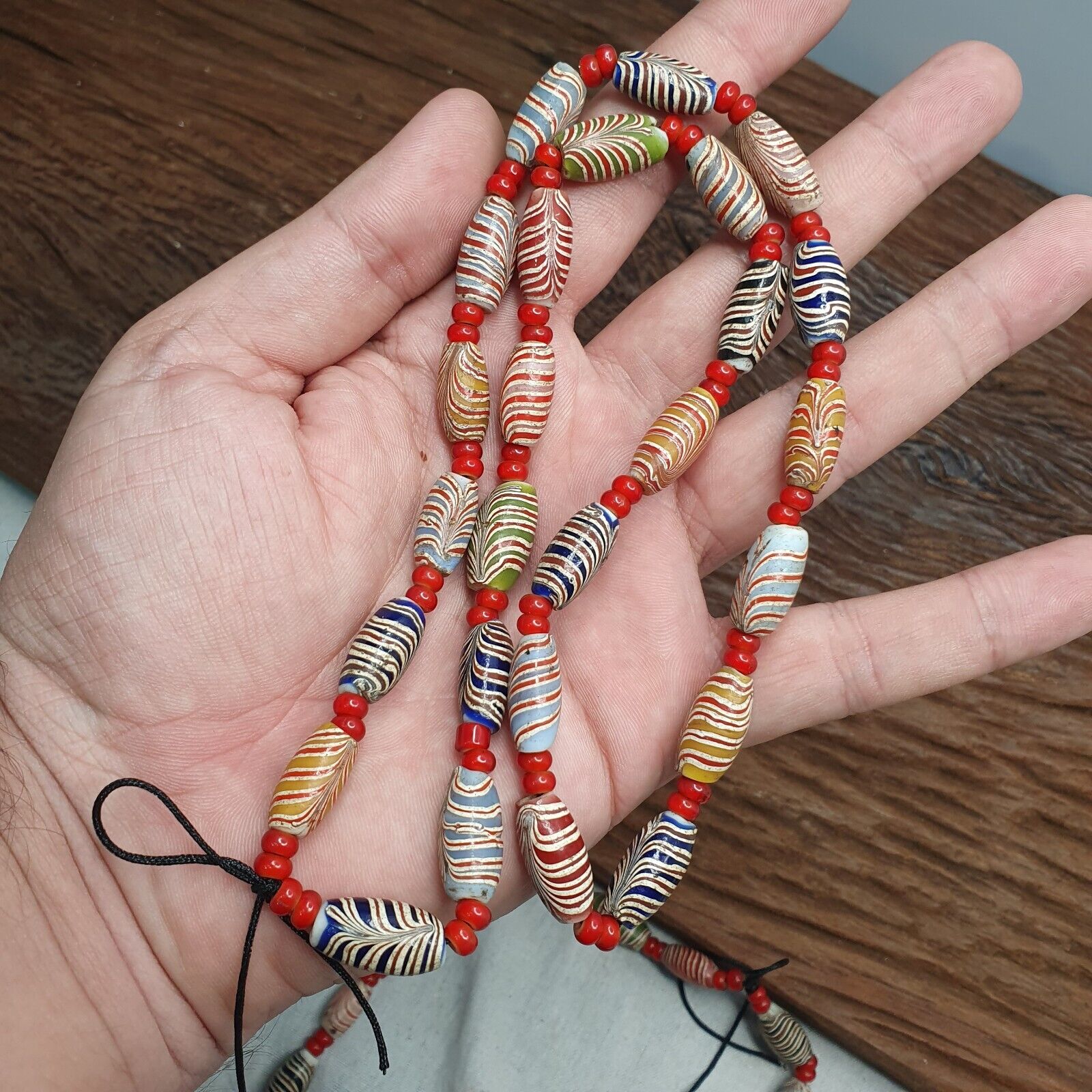 Vintage Fancy Feather and venetian 6mm Whiteheart Beads 18x9.5MM- 24" Necklace