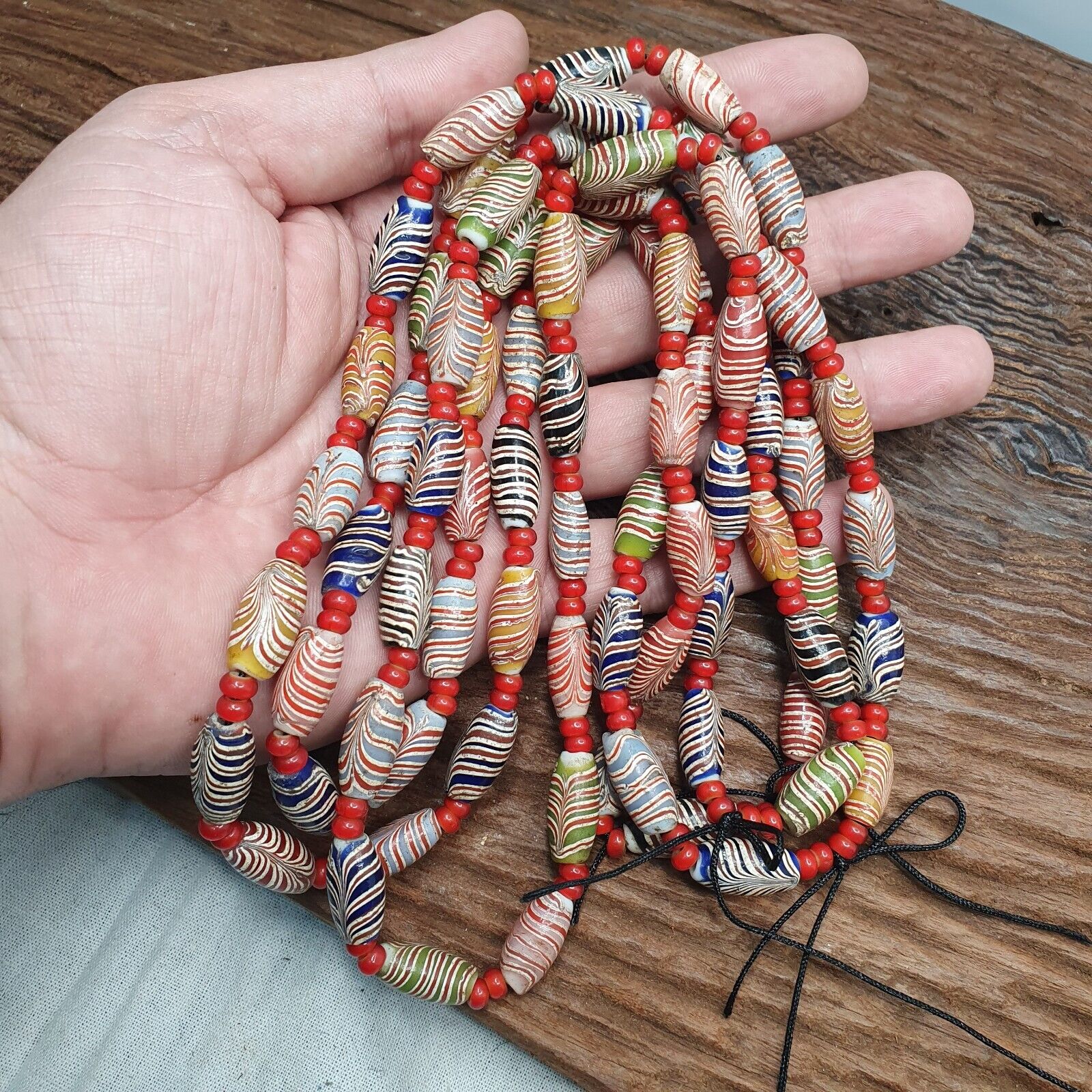 Vintage Fancy Feather and venetian 6mm Whiteheart Beads 18x9.5MM- 24" Necklace