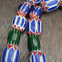 Vintage Venetian Style Trade Blue green Glass Chevron Beads Long necklace