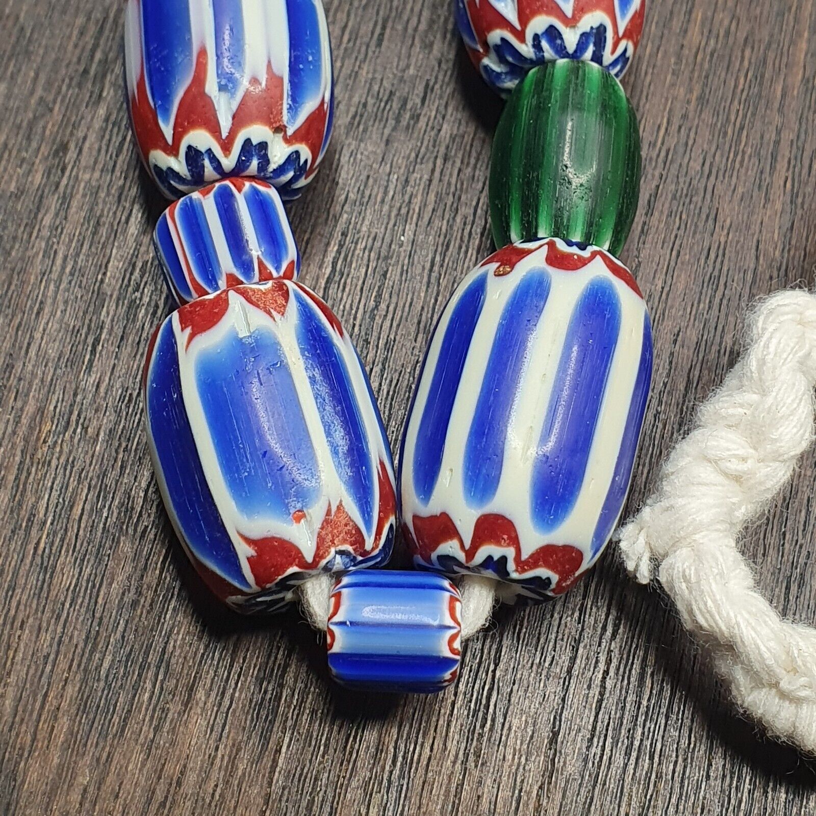 Vintage Venetian Style Trade Blue green Glass Chevron Beads Long necklace