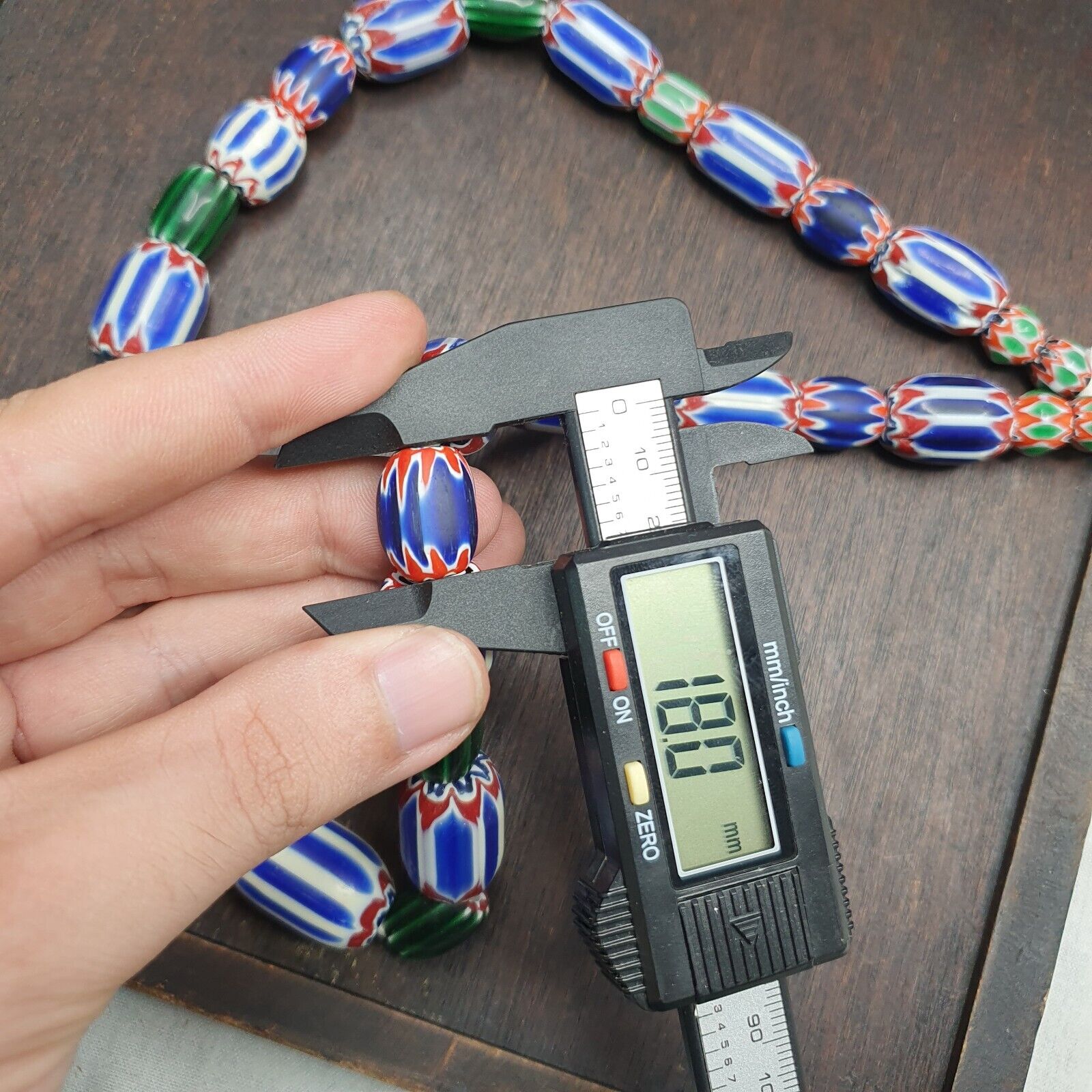 Vintage Venetian Style Trade Blue green Glass Chevron Beads Long necklace