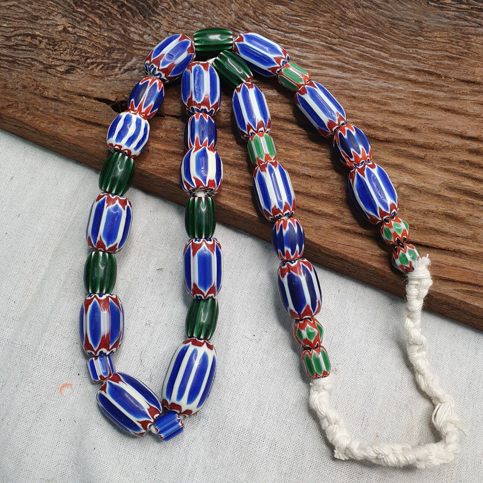 Vintage Venetian Style Trade Blue green Glass Chevron Beads Long necklace
