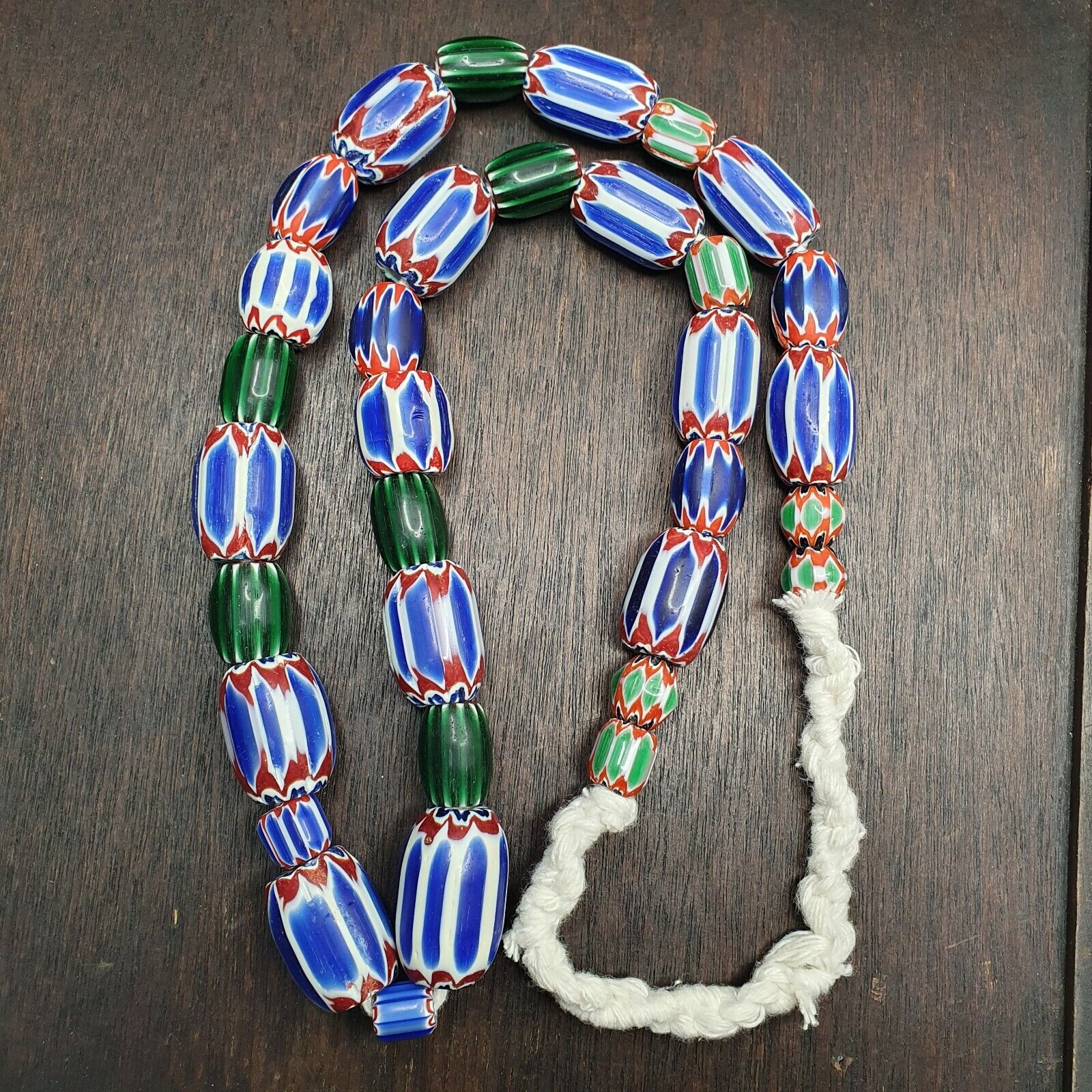 Vintage Venetian Style Trade Blue green Glass Chevron Beads Long necklace
