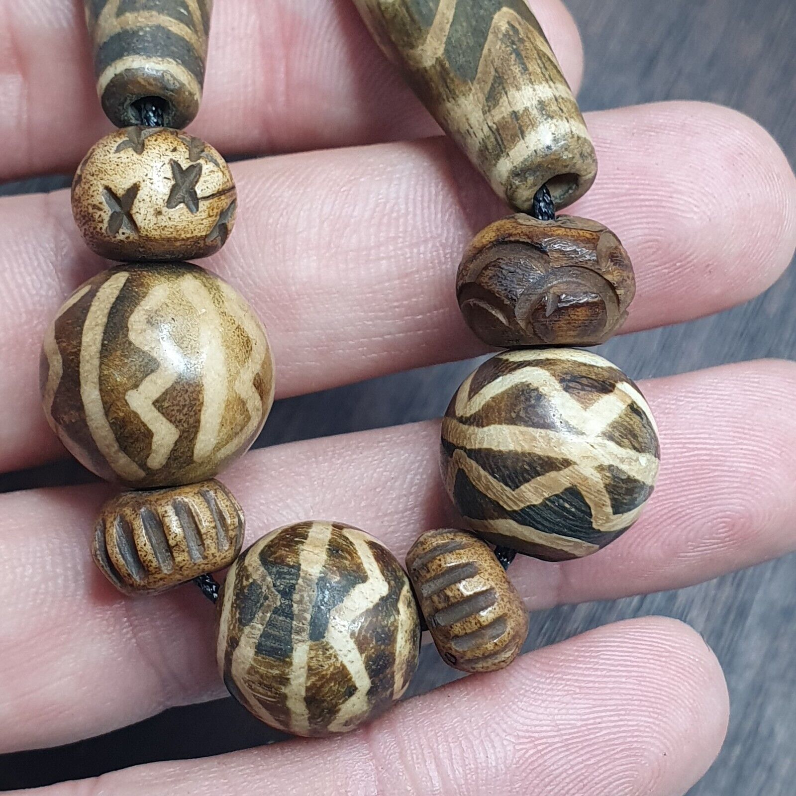 Asian Burmese Old Pumtek Stone beads Long necklace Unique patterns