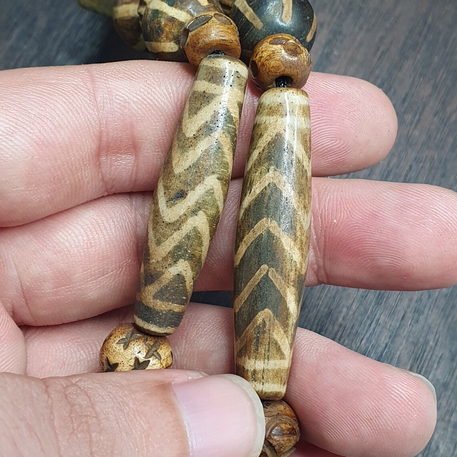 Asian Burmese Old Pumtek Stone beads Long necklace Unique patterns