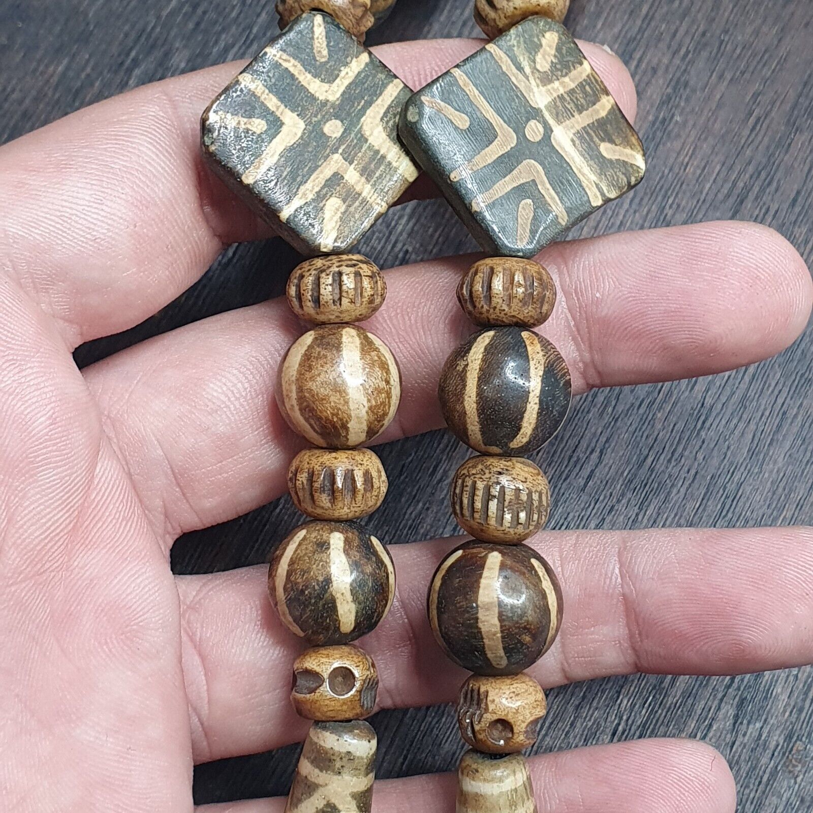 Asian Burmese Old Pumtek Stone beads Long necklace Unique patterns