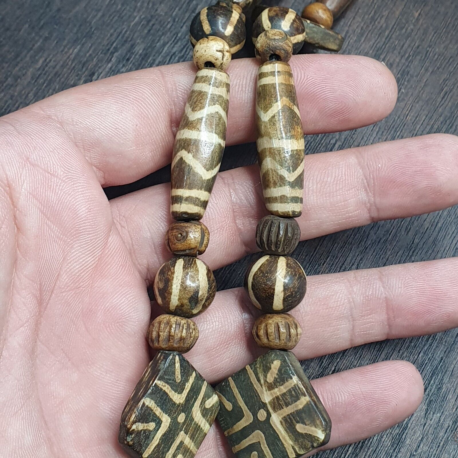 Asian Burmese Old Pumtek Stone beads Long necklace Unique patterns