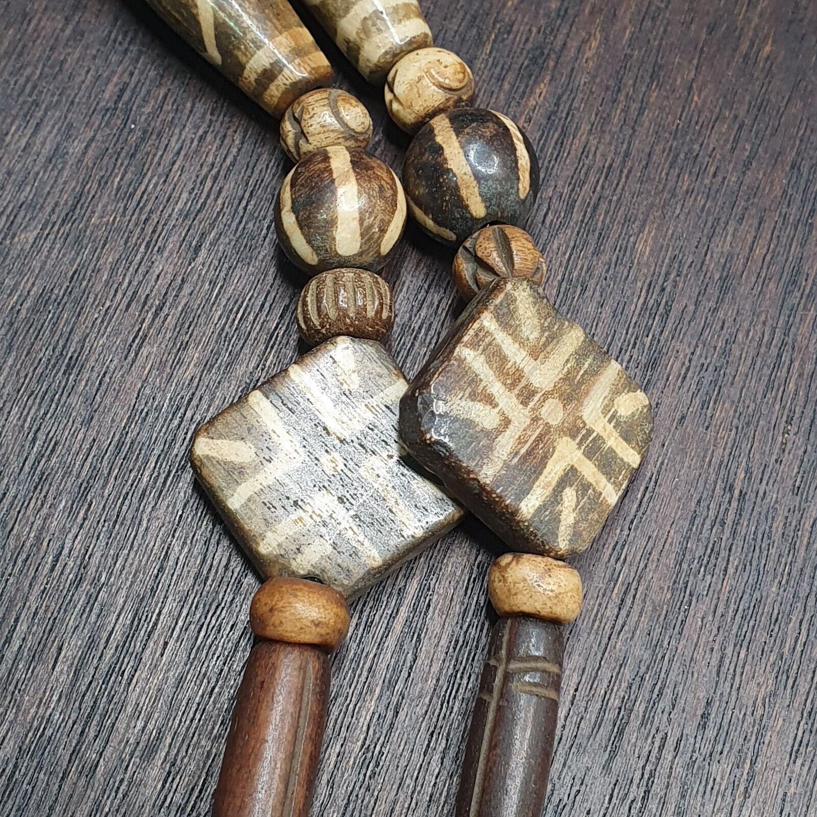 Asian Burmese Old Pumtek Stone beads Long necklace Unique patterns
