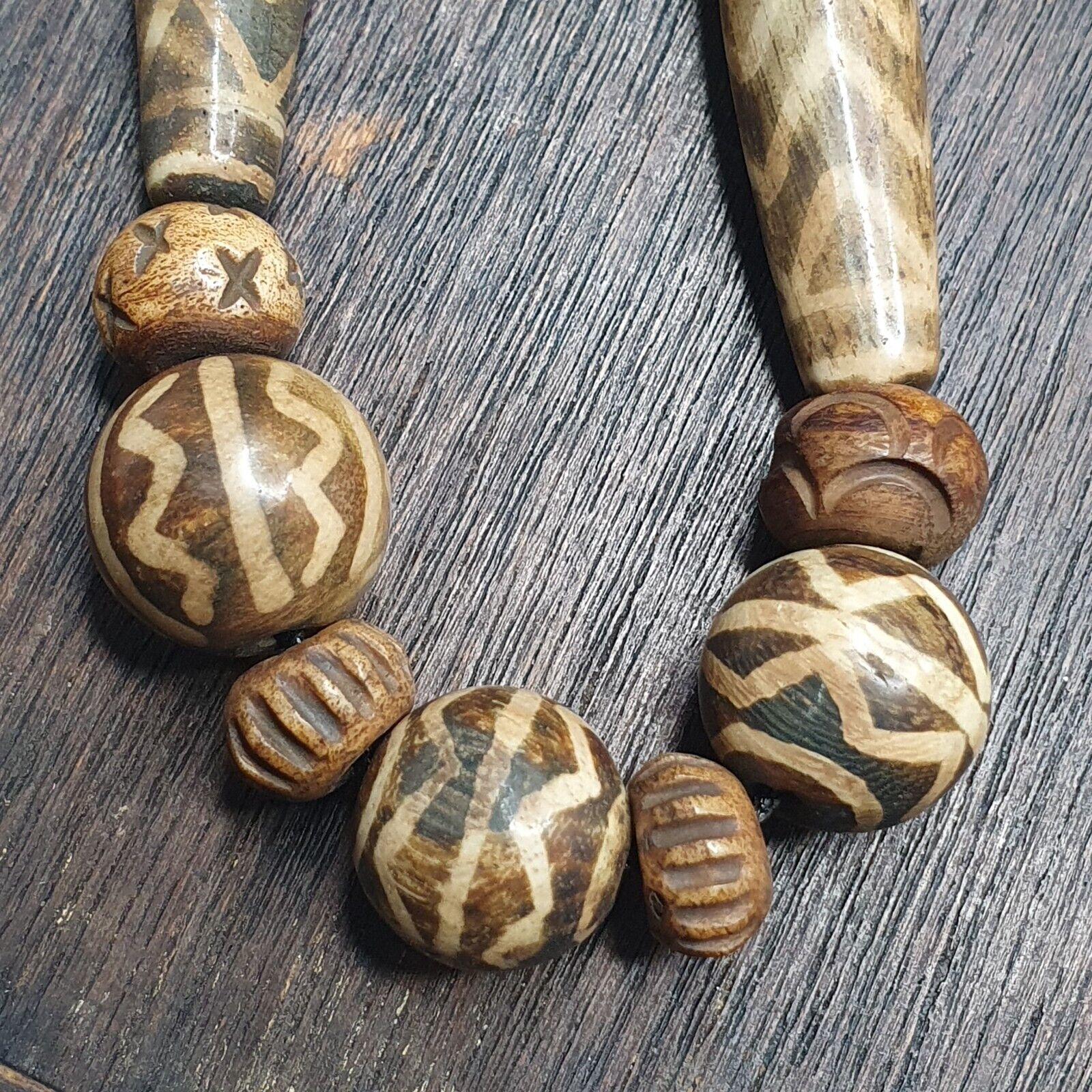 Asian Burmese Old Pumtek Stone beads Long necklace Unique patterns