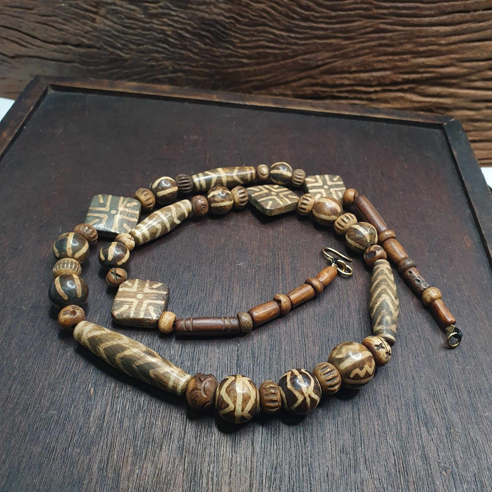 Asian Burmese Old Pumtek Stone beads Long necklace Unique patterns