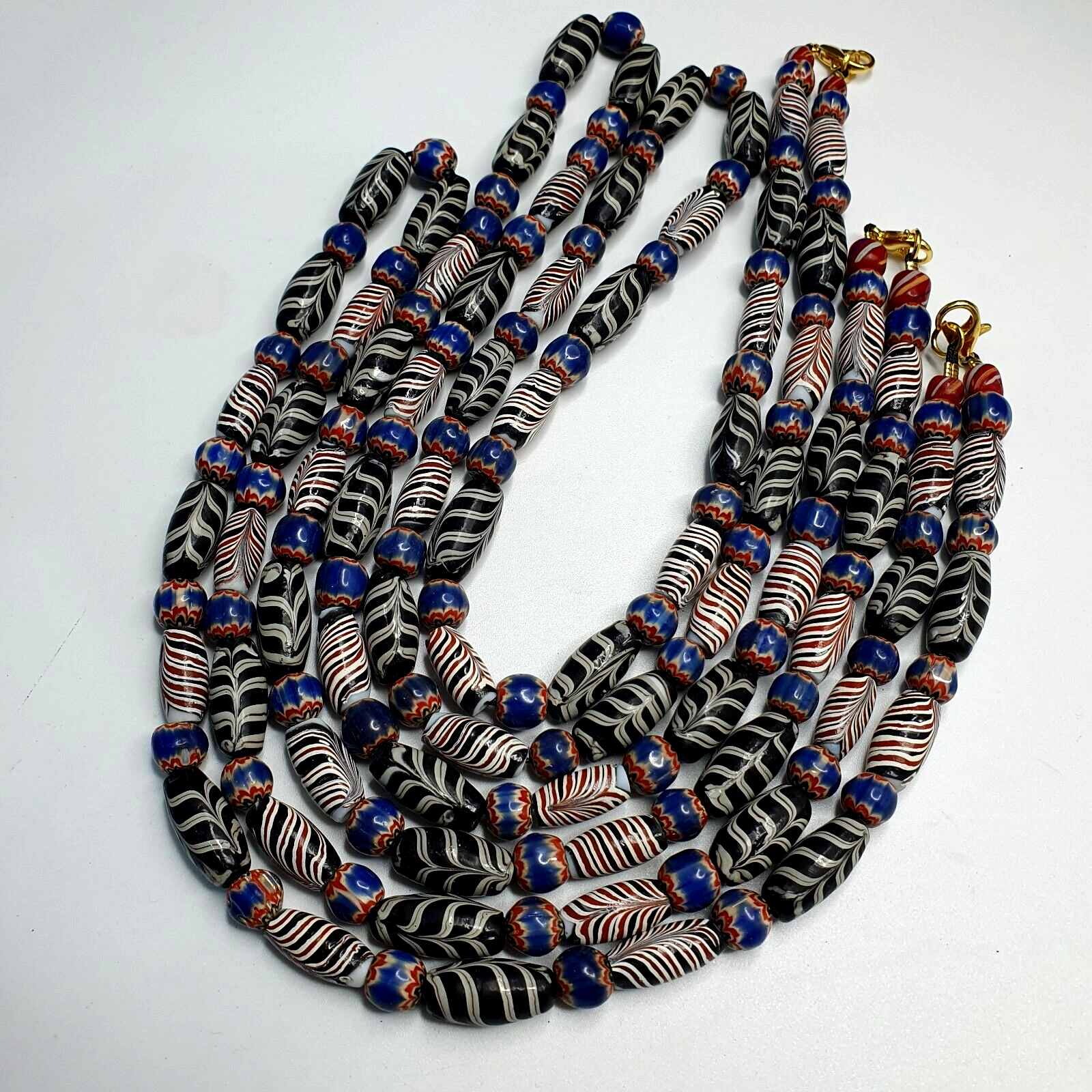 Venetian Style Feather pattern and blue chevron beads beaded Necklace