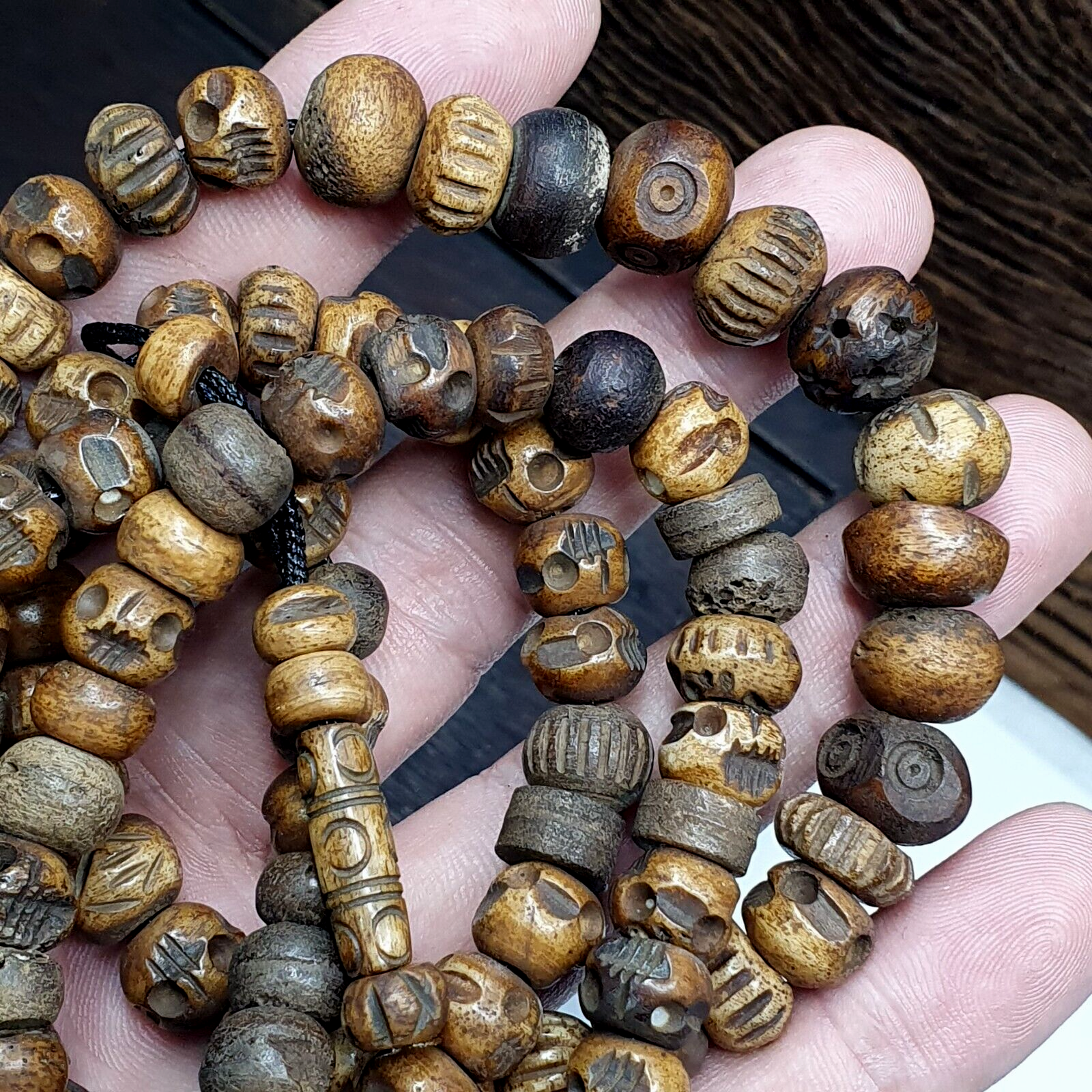 TIBETAN ANTIQUE Carving Beads Buddhist 108 PRAYER BEADS MALA ROSARY