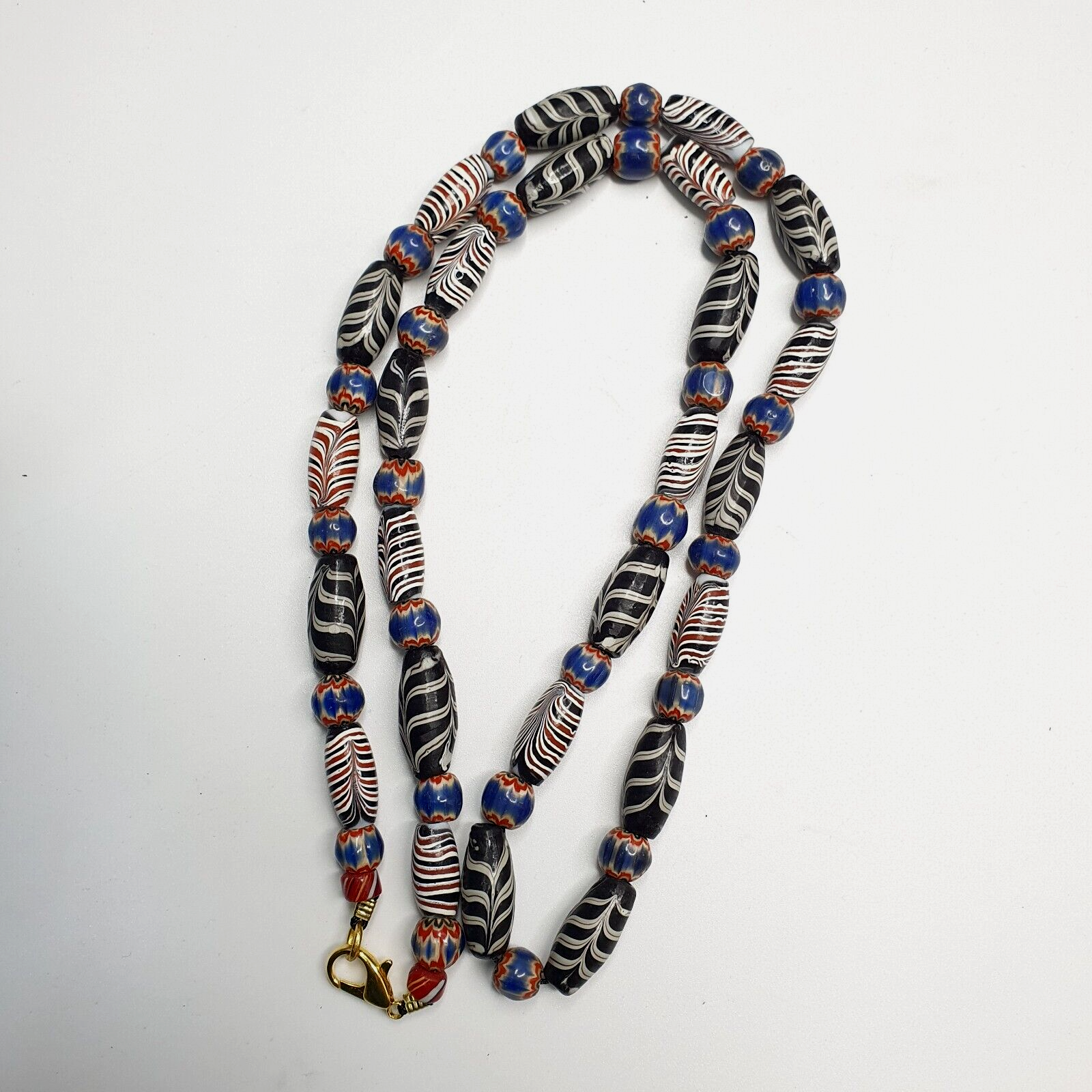 Venetian Style Feather pattern and blue chevron beads beaded Necklace