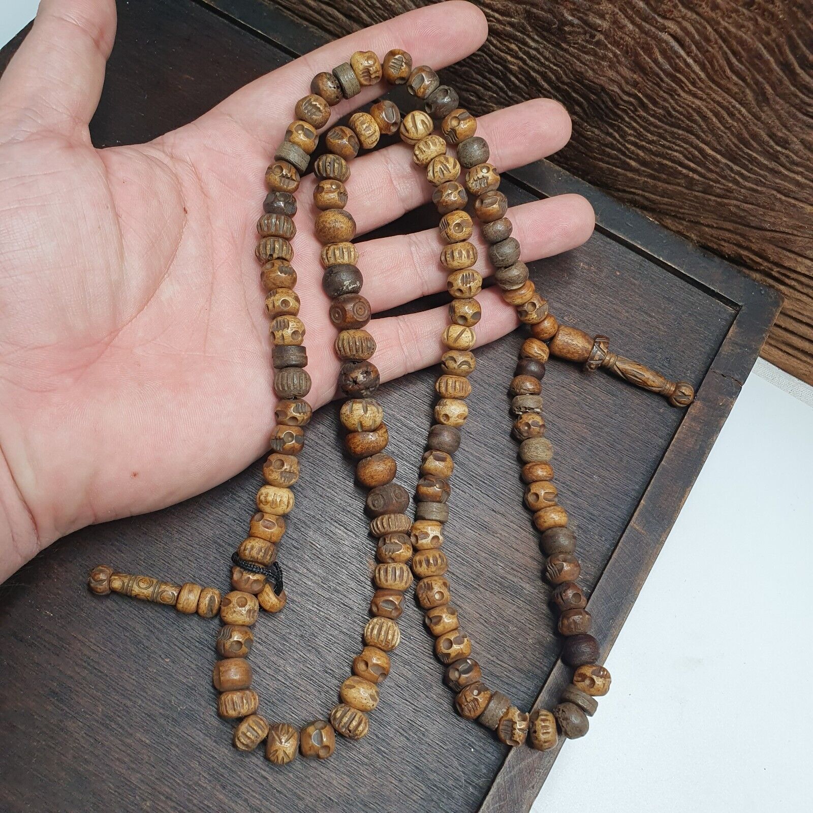 TIBETAN ANTIQUE Carving Beads Buddhist 108 PRAYER BEADS MALA ROSARY