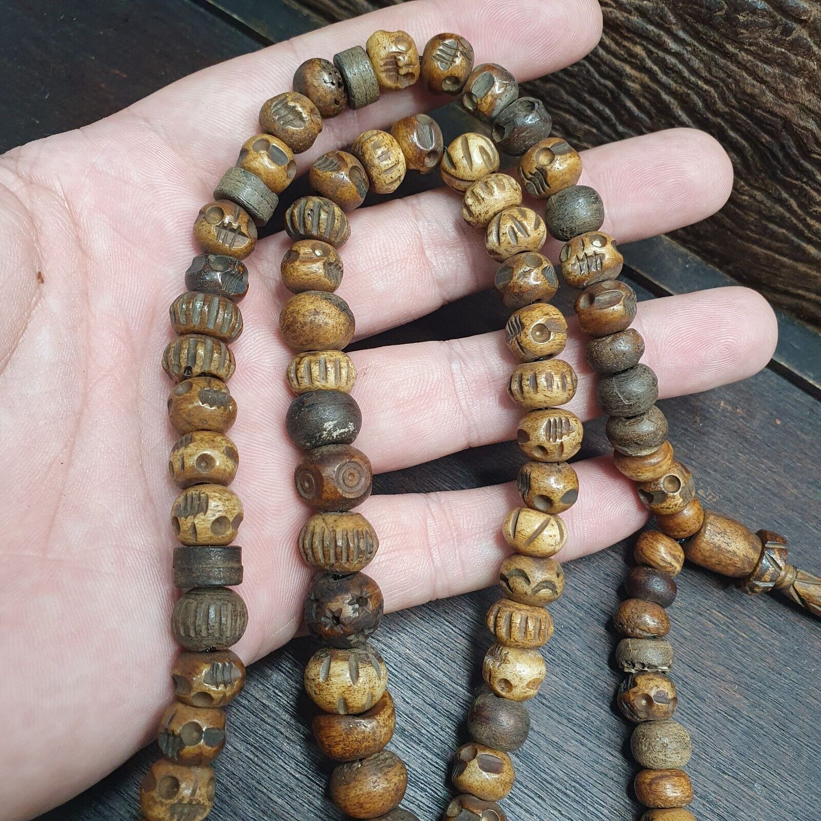 TIBETAN ANTIQUE Carving Beads Buddhist 108 PRAYER BEADS MALA ROSARY