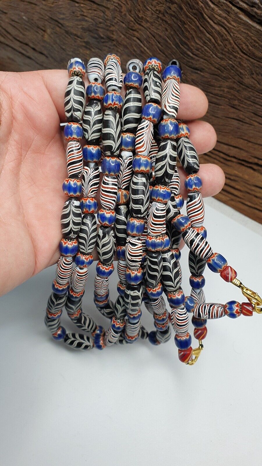 Venetian Style Feather pattern and blue chevron beads beaded Necklace