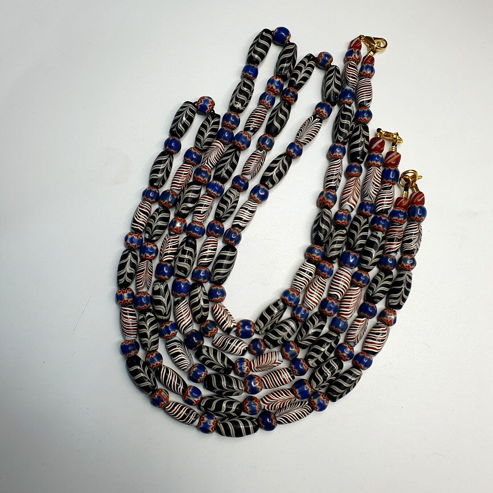 Venetian Style Feather pattern and blue chevron beads beaded Necklace